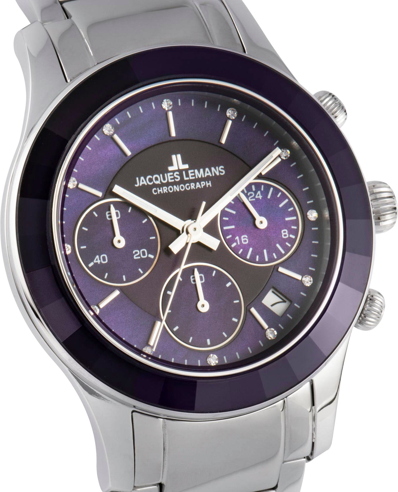 Jacques Lemans Chronograph »Venice«, Armbanduhr, Damenuhr, Edelstahlarmband, Stoppfunktion, Datum, Perlmutt