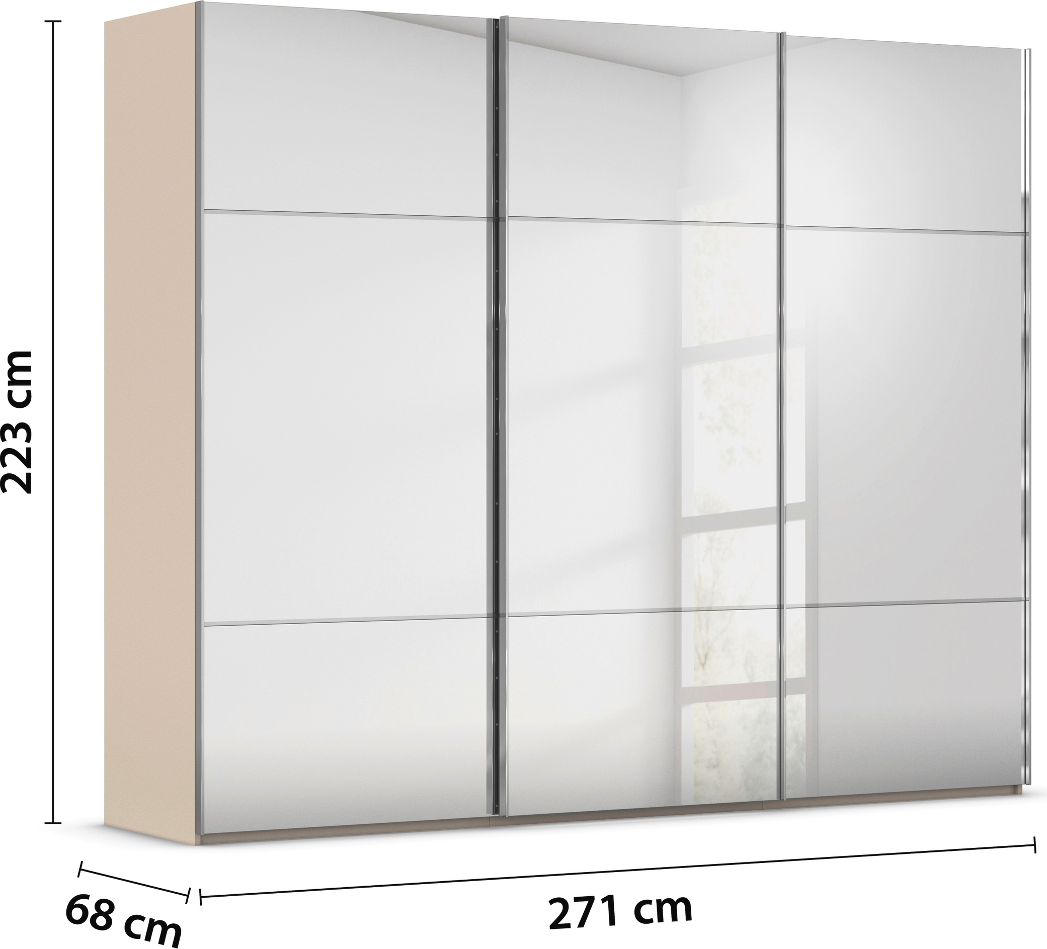rauch Schwebetürenschrank »Kleiderschrank Schrank Garderobe Schlafzimmerschrank SCALE-TRIO«, edle dreigeteilte Front mit 2 Zierleisten Spiegelfront MADE IN GERMANY