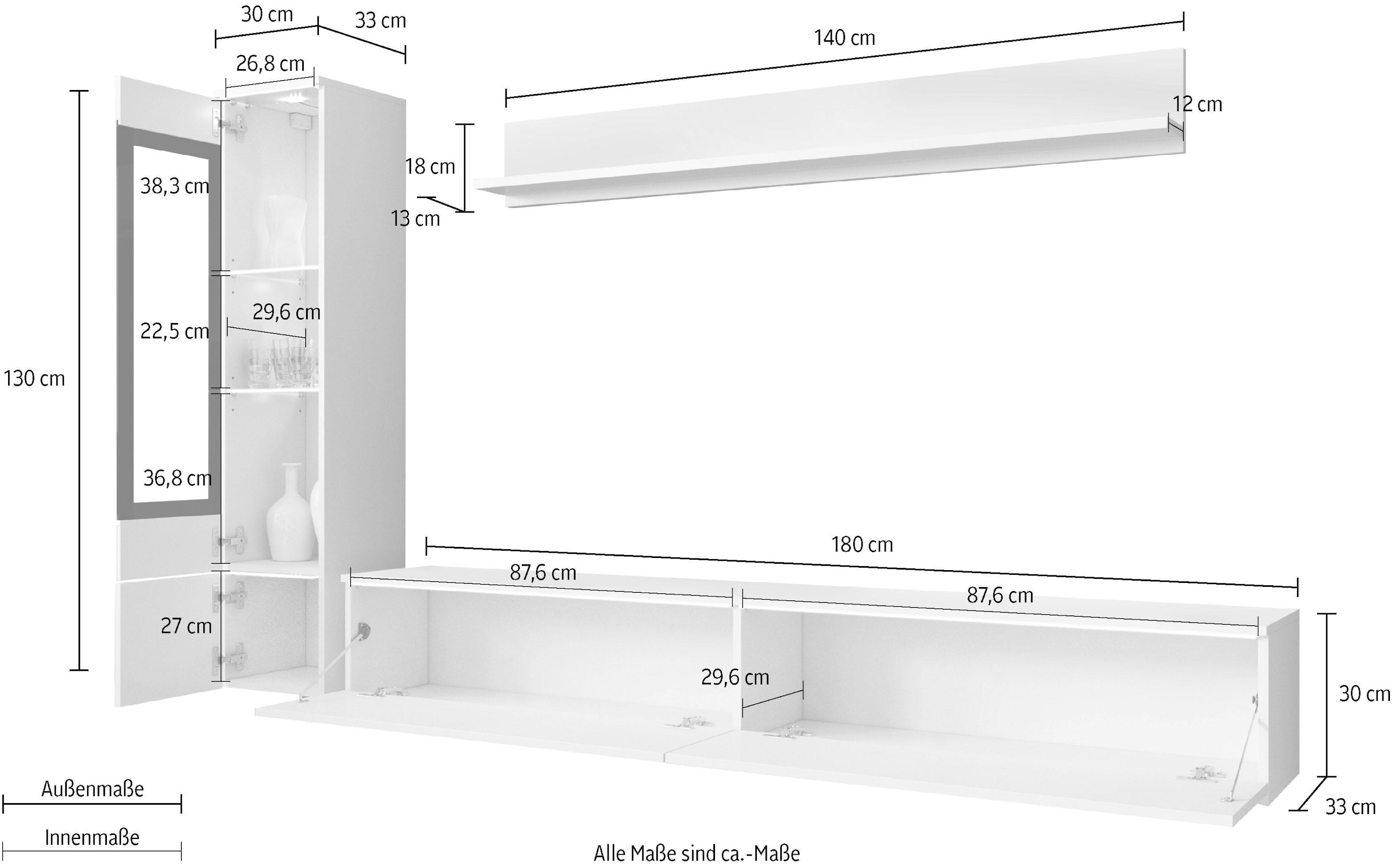 INOSIGN Wohnwand »VERA I, Vitrinen Türanschlag links/rechts wechselbar«, (Komplett-Set, 3 St.), Mediawand 230 cm, Vitrine mit Verglasung, stehend und hängend