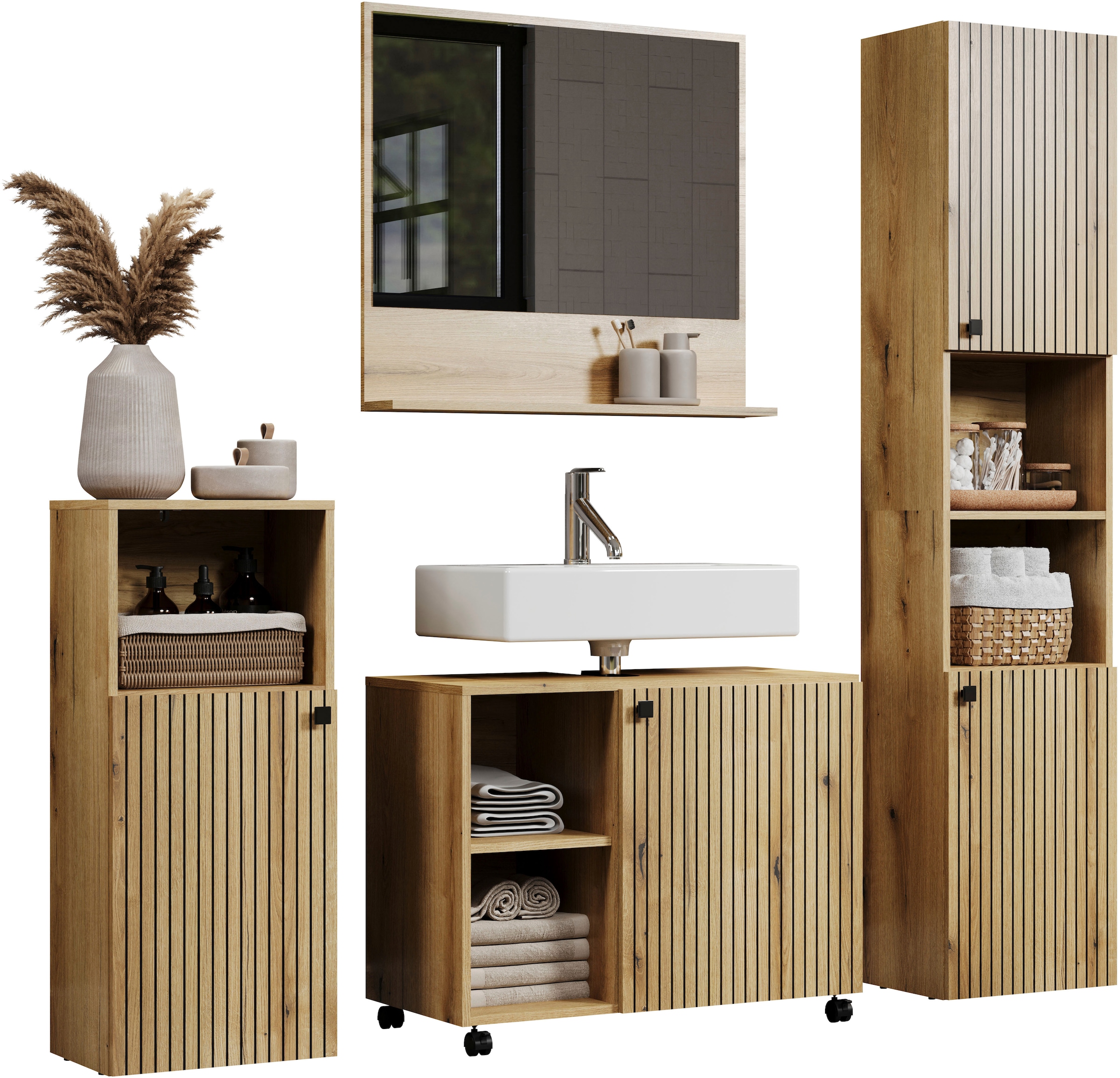 welltime Badmöbel-Set »Amrum Waschbeckenunterschrank Spiegel Hochschrank Badschrank« Komplett-Set, 4 Stk. tlg.
