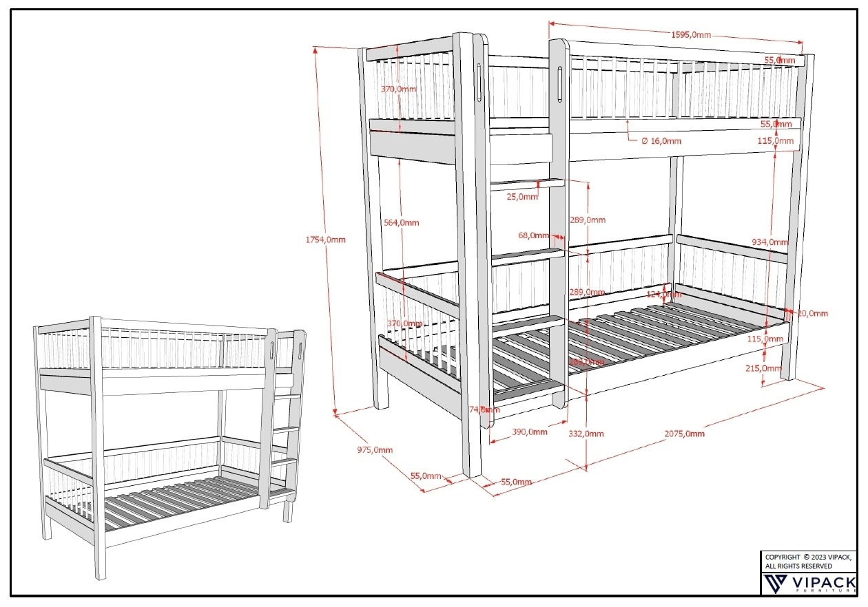 Vipack Etagenbett »Forrest in Buche massiv natur lackiert, umlaufende Sprossen-Optik« 2 Liegeflächen 90/200cm, geteilte Pfosten ca. 55x55 mm, stabil gebaut,  inkl. Lattenrost, rückbaubar zu 2 Einzelbetten zur weiteren Nutzung