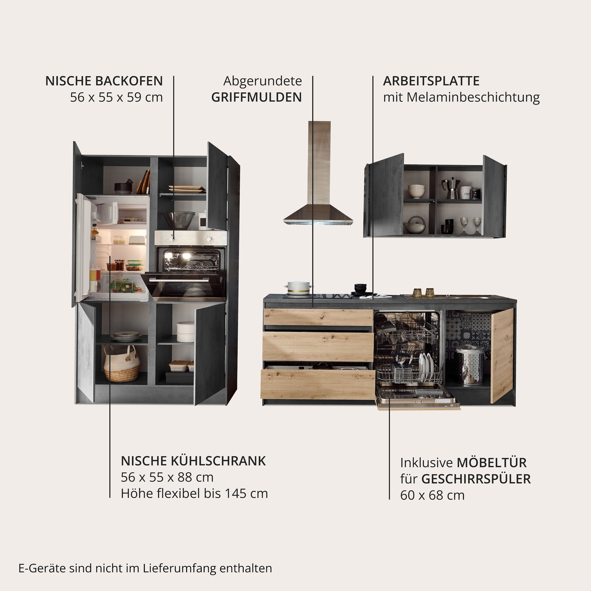 BASIC by Balculina Küchenzeile »Isis«, (Set), mit E-Geräten, Breite 337 cm