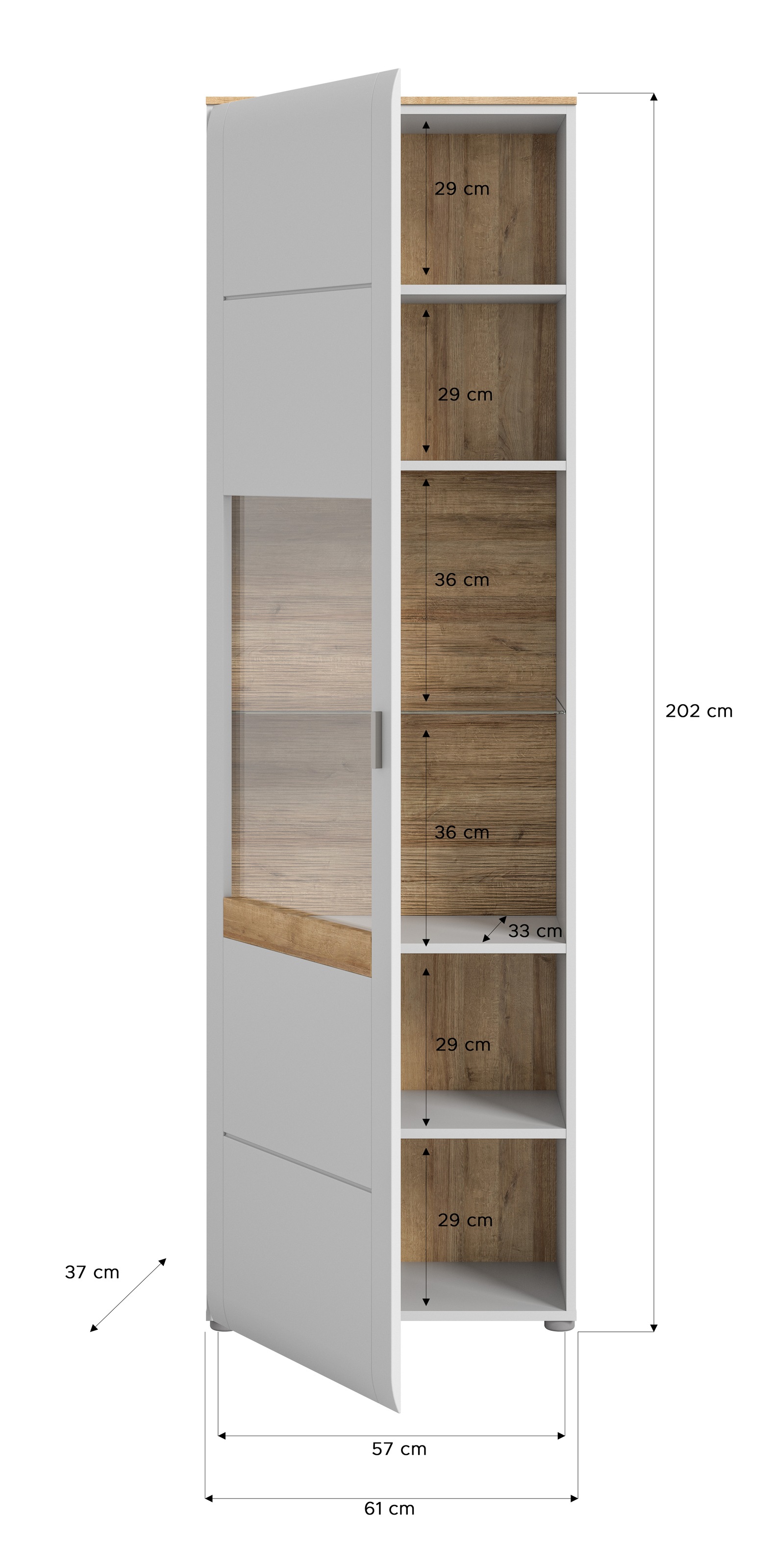 INOSIGN Standvitrine »Aska, Höhe 202cm, Metallgriff, 1 Glastür, 1 Glaseinlegeboden, 6 Fächer«, (1 St.), Matte Optik, 2-farbig, Vitrine, Vitrinenschrank, Hochschrank, Schrank