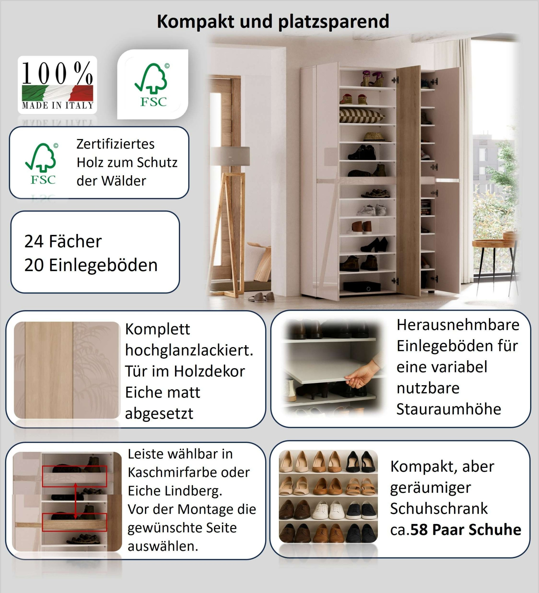 INOSIGN Schuhschrank »LADY, Schuhkommode,Schuhmöbel,Schuhablage,Schuhregal« 20 Einlegeböden,24 Fächer,ca. 58 Paar Schuhe-Maße: B/T/H:120x34x200 cm