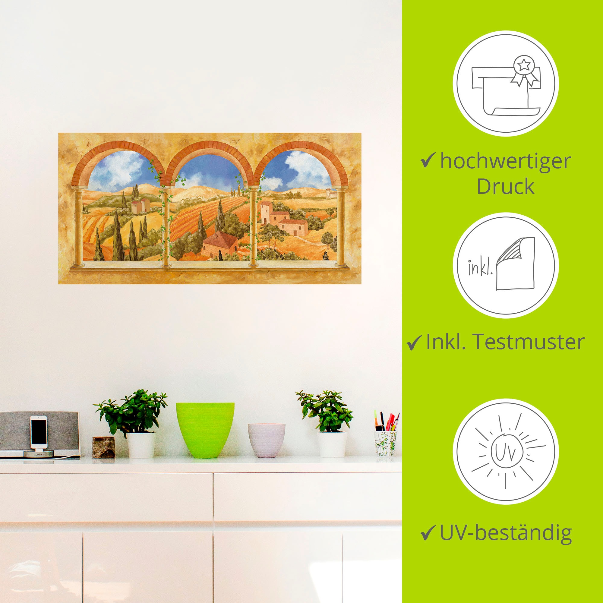 Artland Wandbild »Drei Torbögen mit Blick in die Toskana«, Fensterblick, (1 St.), als Leinwandbild, Wandaufkleber in verschied. Größen