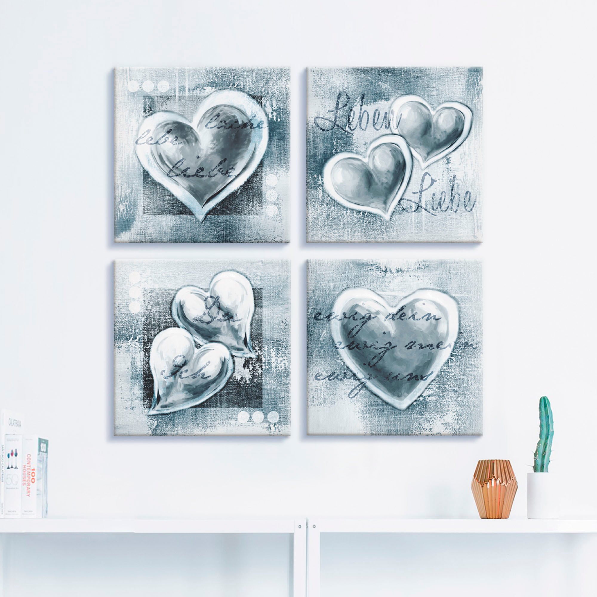 Artland Leinwandbild "Lache Lebe Liebe Leben", Herzen, (4 St.), 4er Set, ve günstig online kaufen