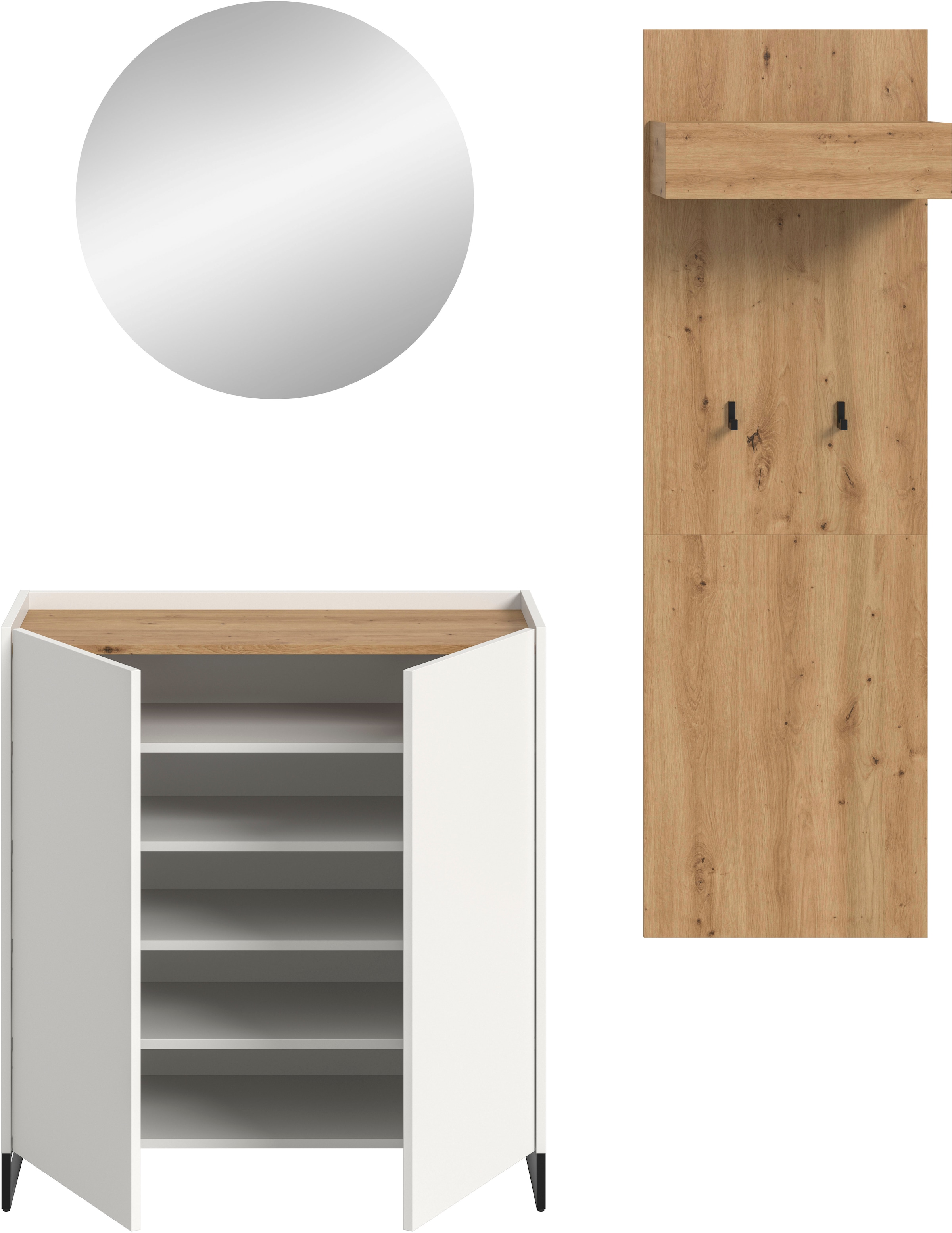 Home affaire Garderoben-Set »EVRID, 3-teilig, Breite 175 cm, individuell stellbar & erweiterbar« best. aus: Kommode, Spiegel & Garderobenpaneel, 3 Stk. tlg.