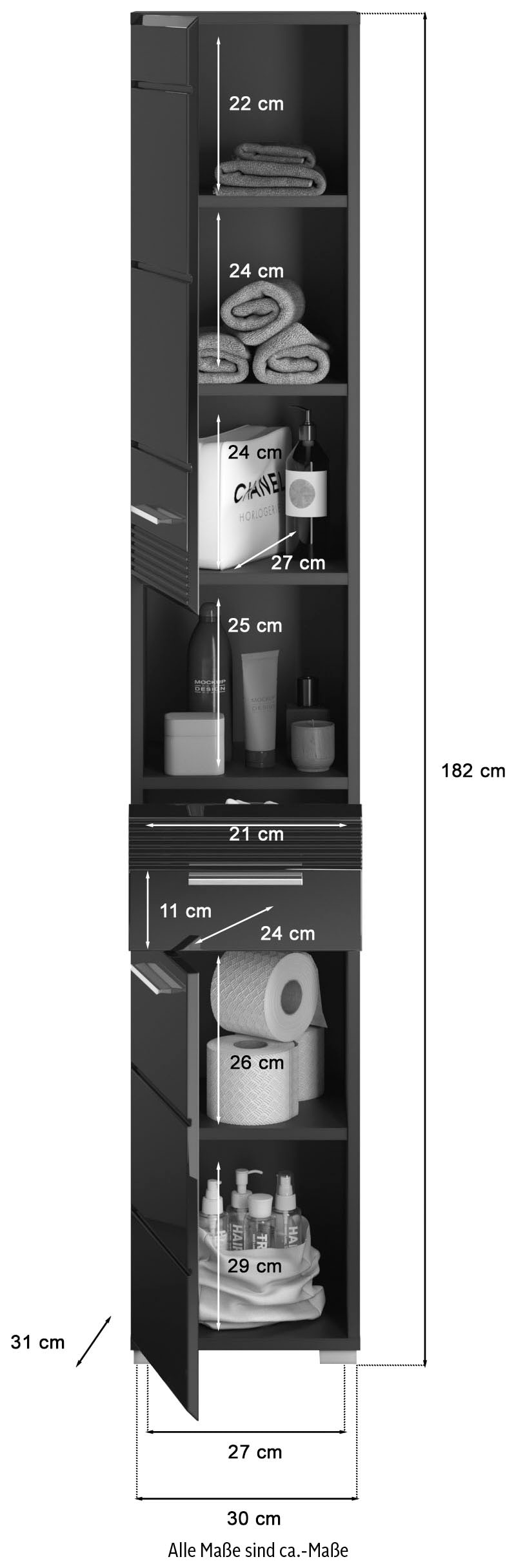 INOSIGN Hochschrank »Malmö, Breite 30 cm, 2 Türen, 1 Schubkasten, 1 offenes Fach, MDF-Front«, in verschiedenen Farben erhältlich, Badmöbel, Badschrank, Schrank, Bad