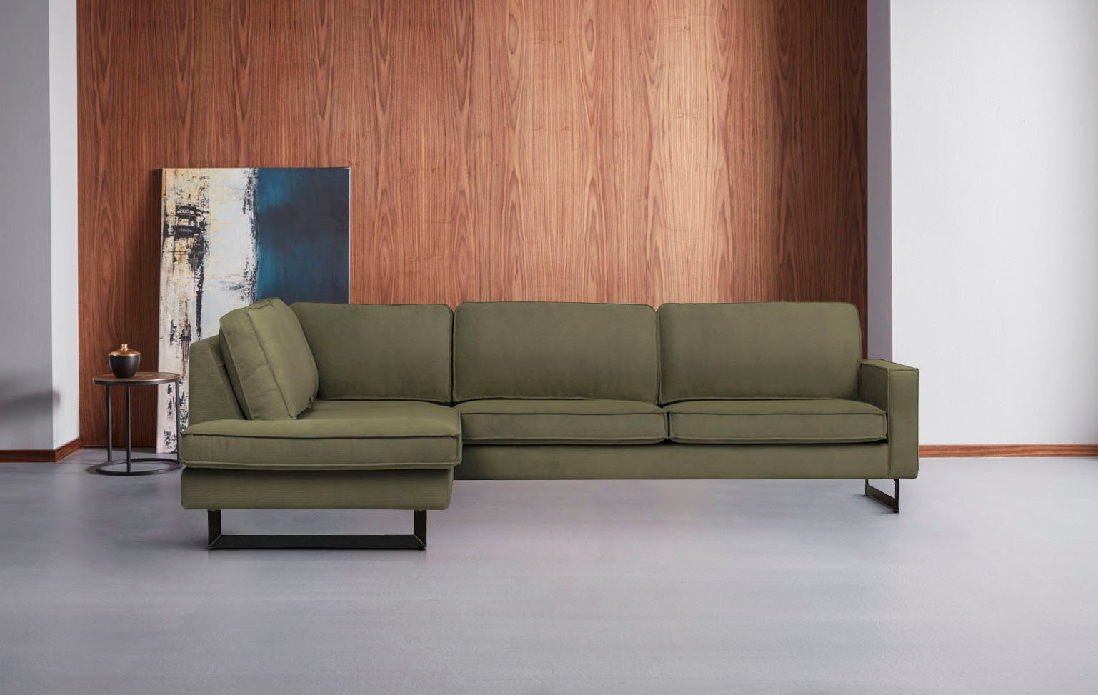 Places of Style Ecksofa »Pinto, 290 cm, Cord, Chenille, Lederoptik, Ottomane links / rechts«, mit Keder, schwarze Metallfüße, Wellenunterfederung