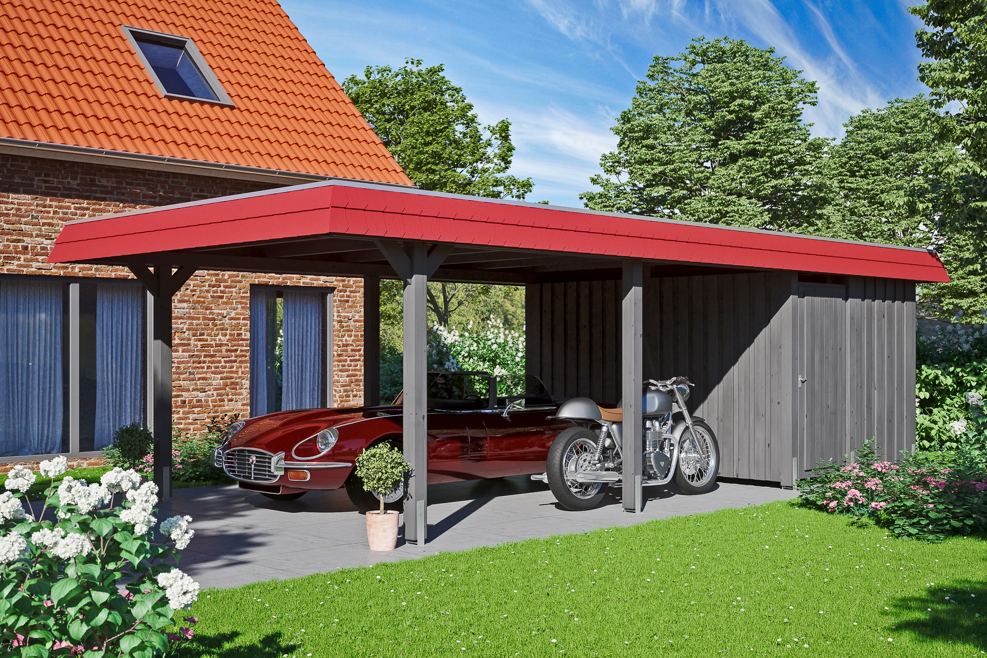 Skanholz Einzelcarport »Wendland«, Leimholz-Fichte, 341 cm, Schiefergrau, mit Abstellraum mit EPDM-Dach, rote Blende