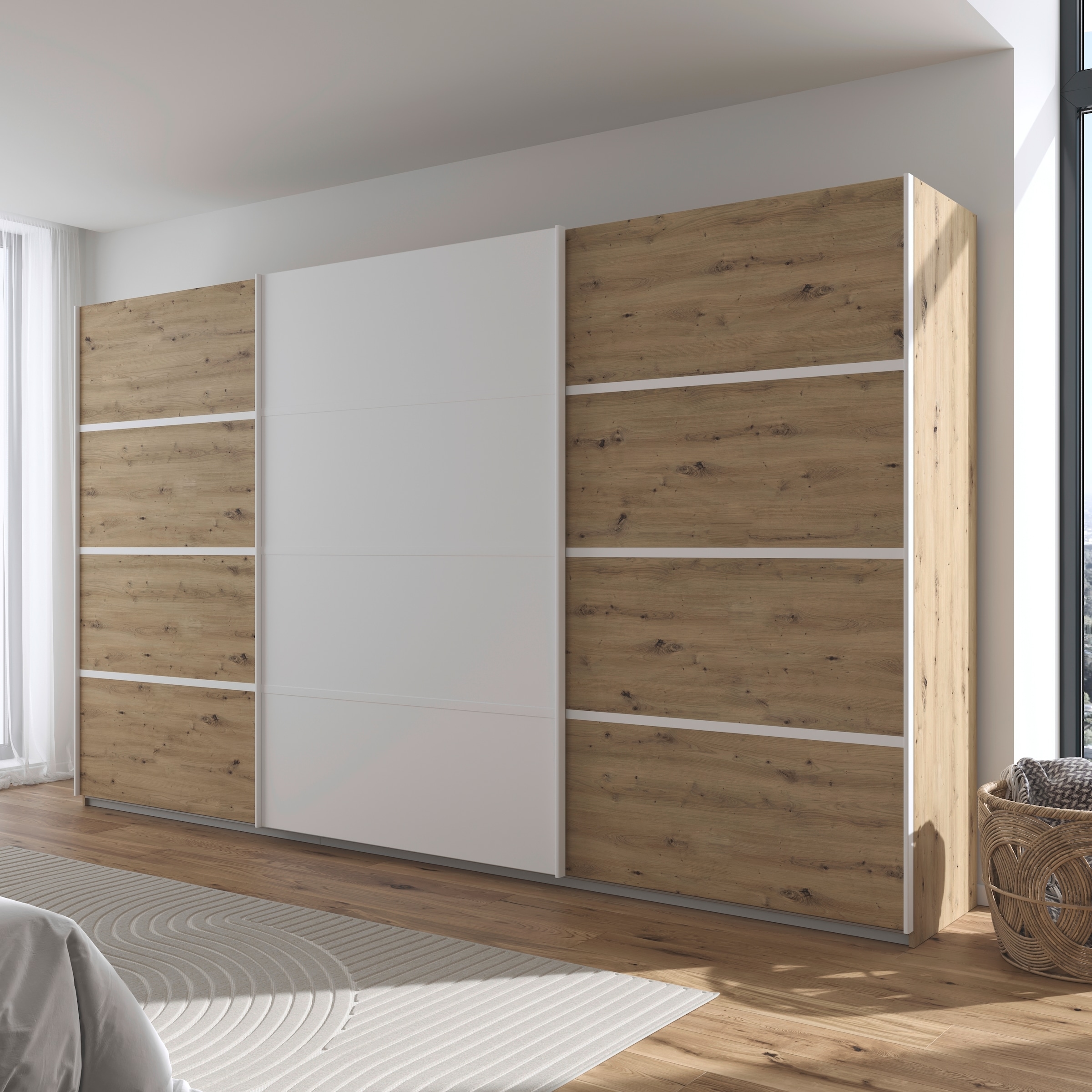 rauch Kleiderschrank »Schwebetürenschrank Garderobe Schrank TOP ANGEBOT Avola«, (in 3 verschiedenen Ausstattungen BASIC/CLASSIC/PREMIUM), mit eleganten Zierleisten in Chrom, Schwarz oder Weiß MADE IN GERMANY