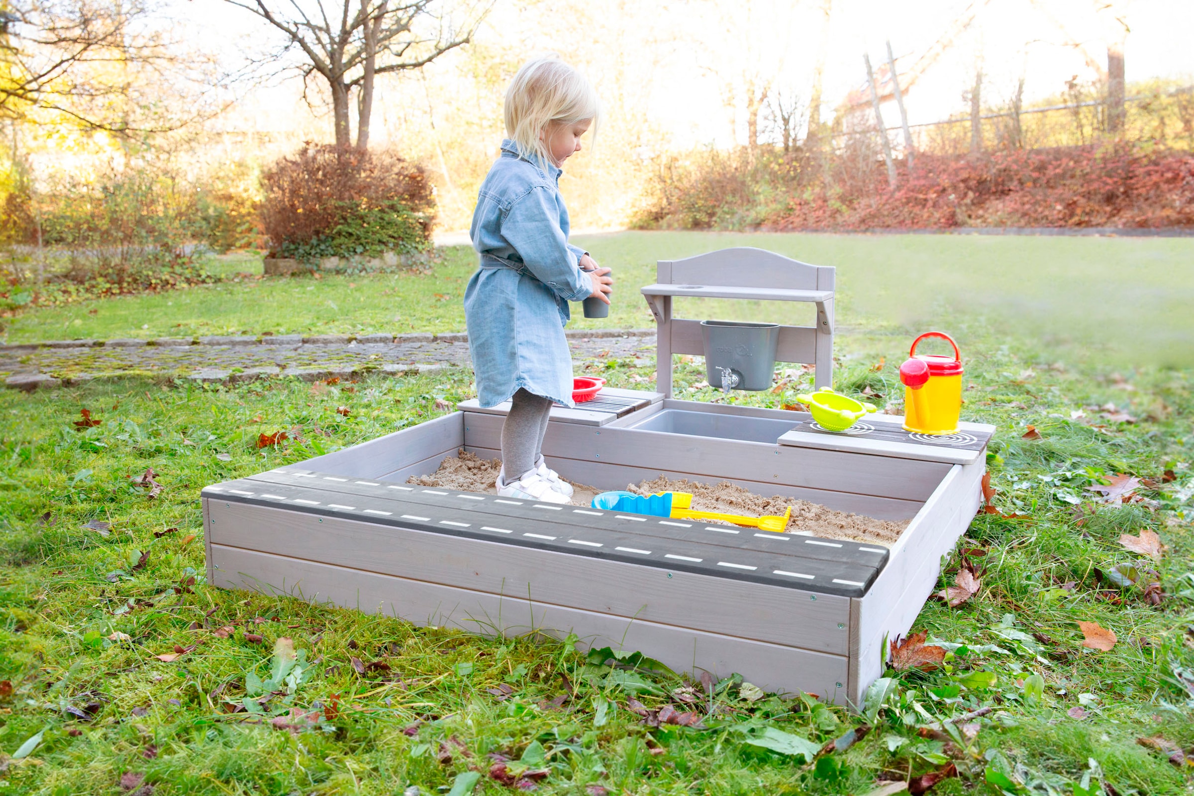 roba® Sandkasten »117 x 118 x 54 cm, mit Matschküche, grau«