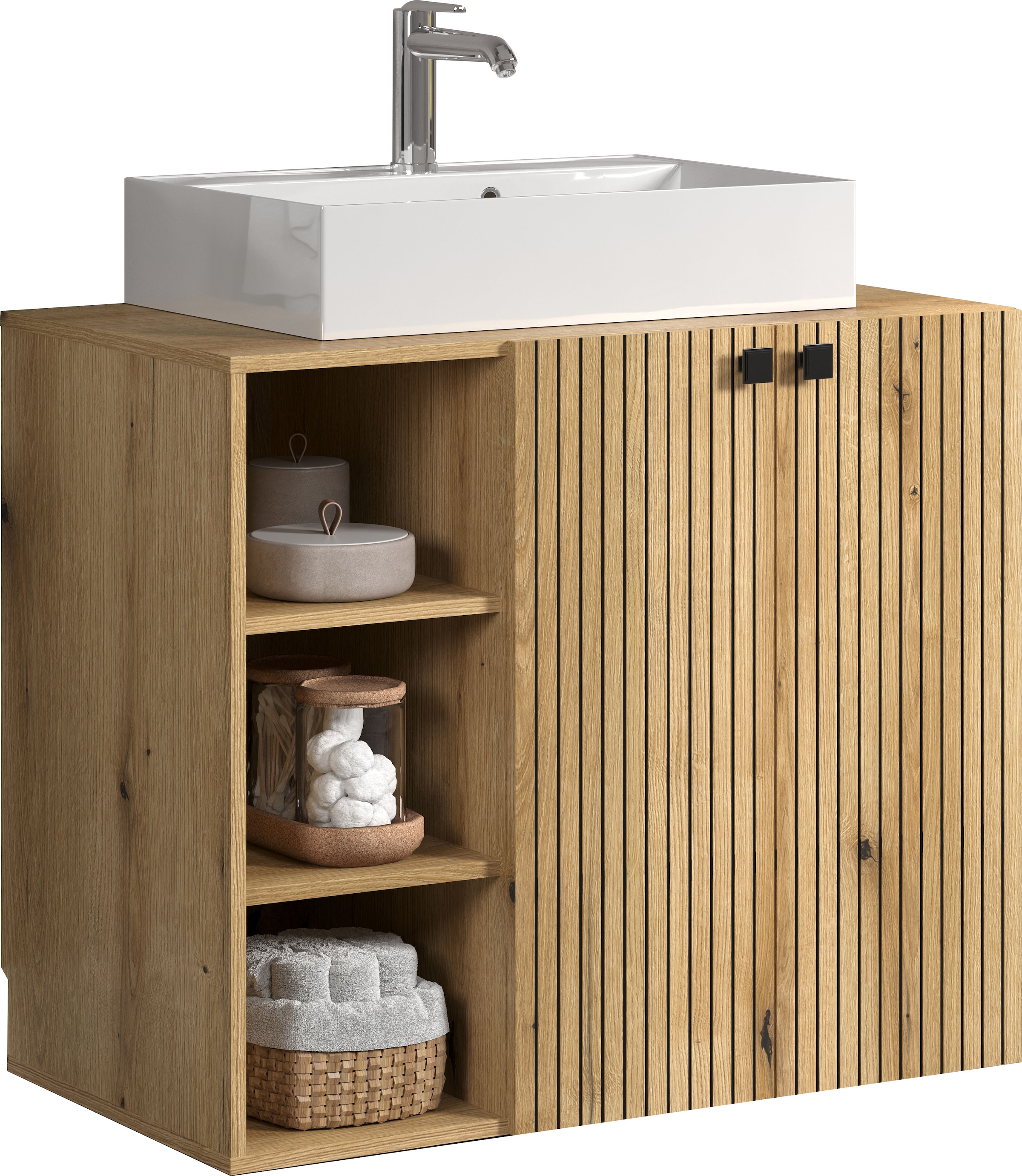 welltime Waschtisch »Amrum Waschbeckenunterschrank und Waschbecken«, Waschbeckenunterschrank mit Rillenoptik - Maße (B/T/H) 90/53/79 cm