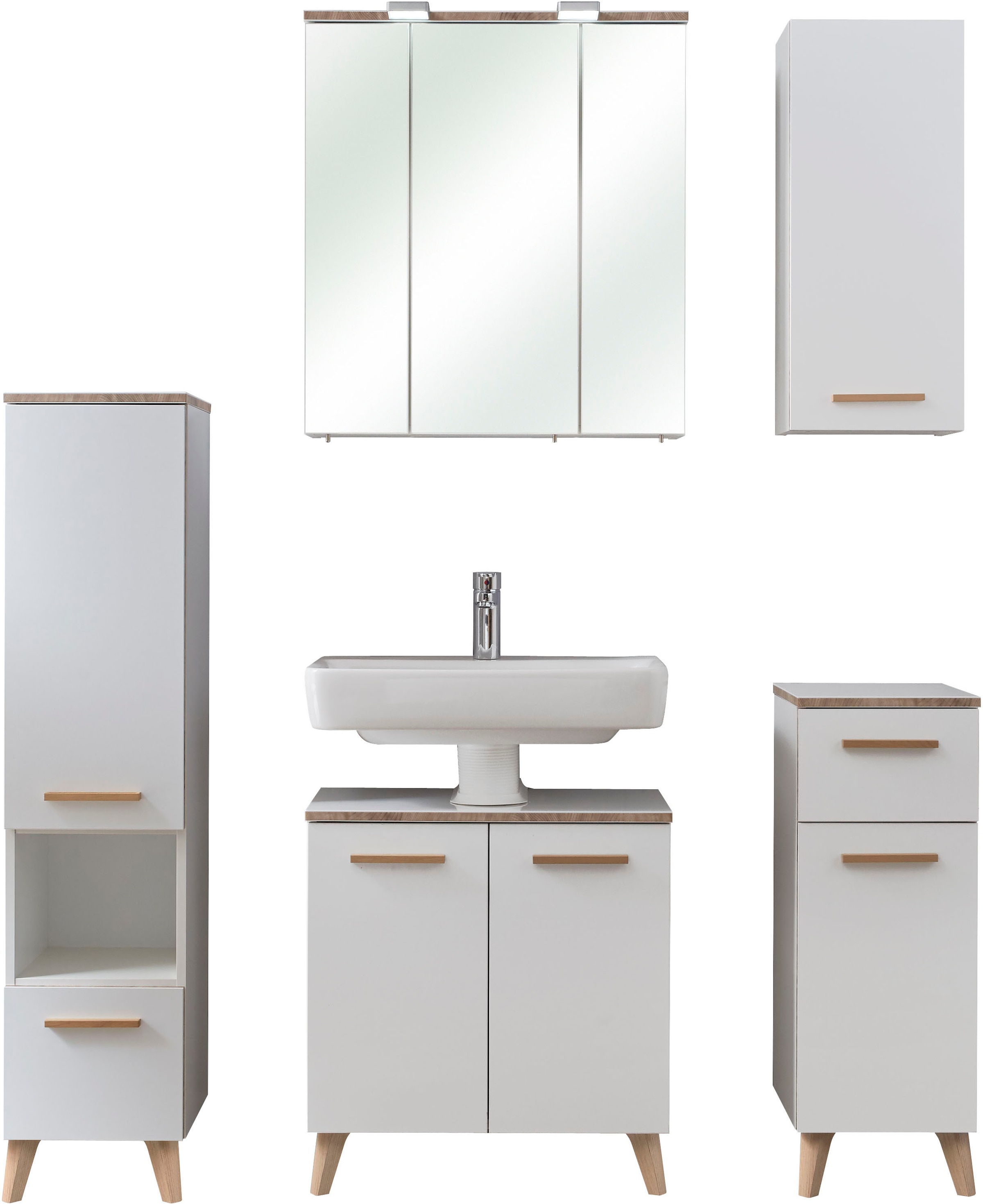 Saphir Badmöbel-Set »Quickset 931 5-teilig, Waschbeckenunterschrank und LED-Spiegelschrank«, (Set, 5 St.), Weiß Glanz, inkl. Türdämpfer, ohne Waschbecken, 8 Türen, 2 Schubladen