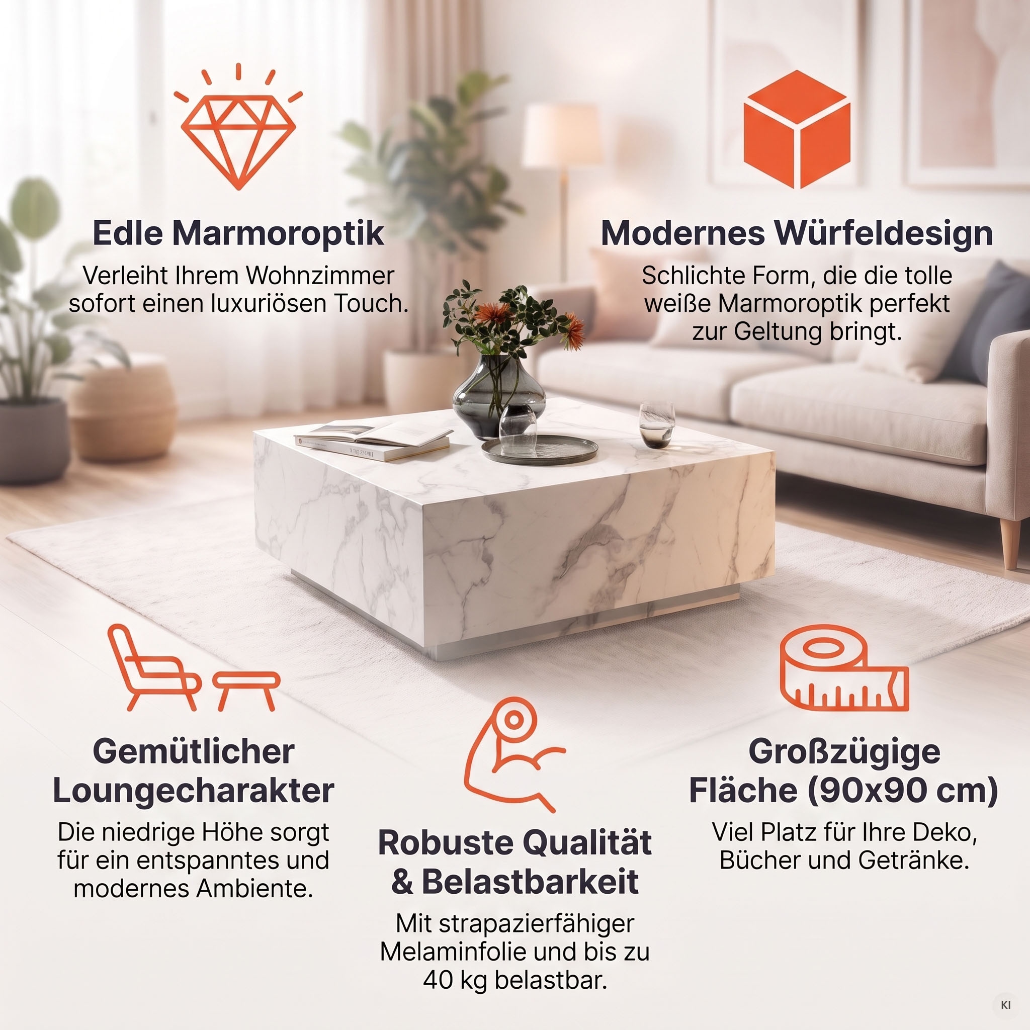 SalesFever Couchtisch »AlmerÃ­a Wohnzimmertisch: Beistelltisch mit Schwebe-Effekt« quadratisch 90x90 cm, in Marmoroptik foliert