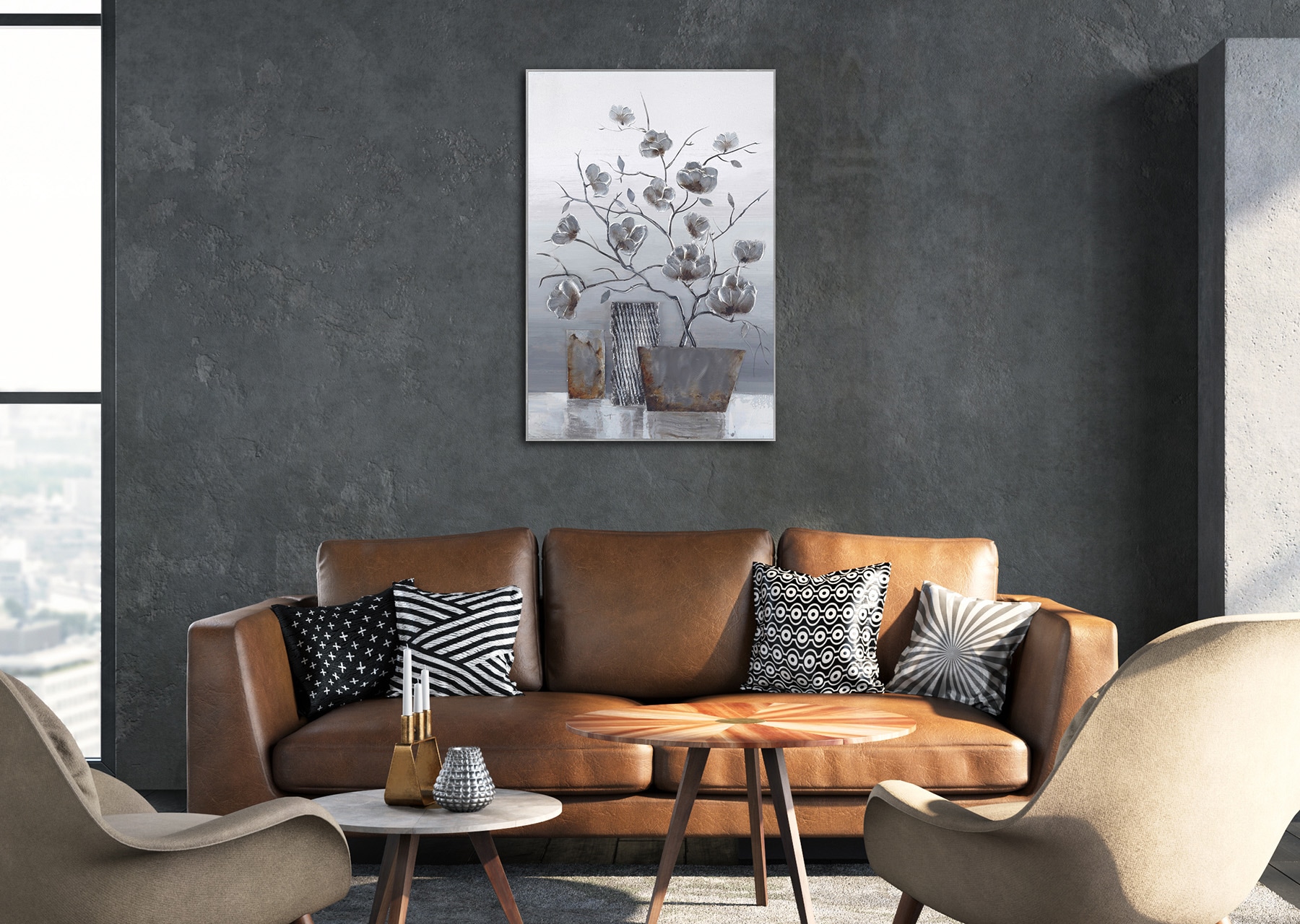Bönninghoff Ölgemälde »handarbeit gerahmt BLUMENVASE 60x90 cm – Wandbild elegant« Blumen | Blätter | Vasen 1 Stk. tlg. handgefertigt, jedes Bild ein Unikat, Schattenfugenrahmen