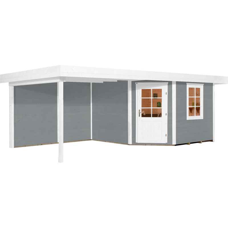 WEKA Gartenhaus »Designhaus 213 Plus« mit Anbaudach und Rückwand grau-weiß