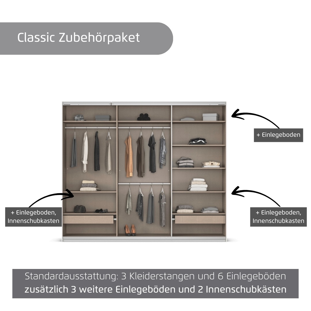 rauch Kleiderschrank »Schwebetürenschrank OTTO´s Choice Garderobe Schrank TOP ANGEBOT Avola«, (in 3 verschiedenen Ausstattungen BASIC/CLASSIC/PREMIUM), mit eleganten Zierleisten in Chrom, Schwarz oder Weiß MADE IN GERMANY
