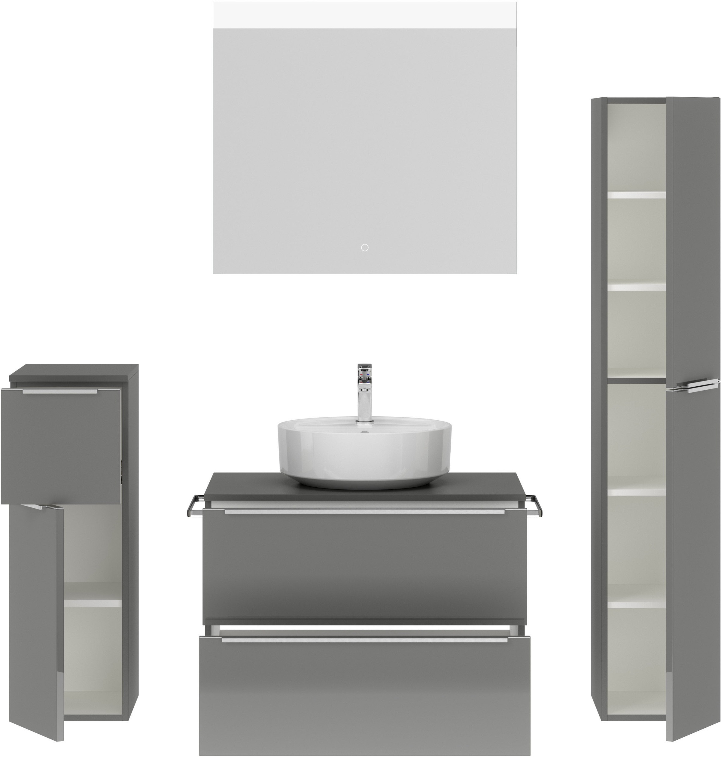 nobilia® Badmöbel-Set »Alvene«, (4 St., vormontiert, mit Soft-Close), Hochglanz, inkl. Spiegel mit Touch-Sensor, in vier Breiten