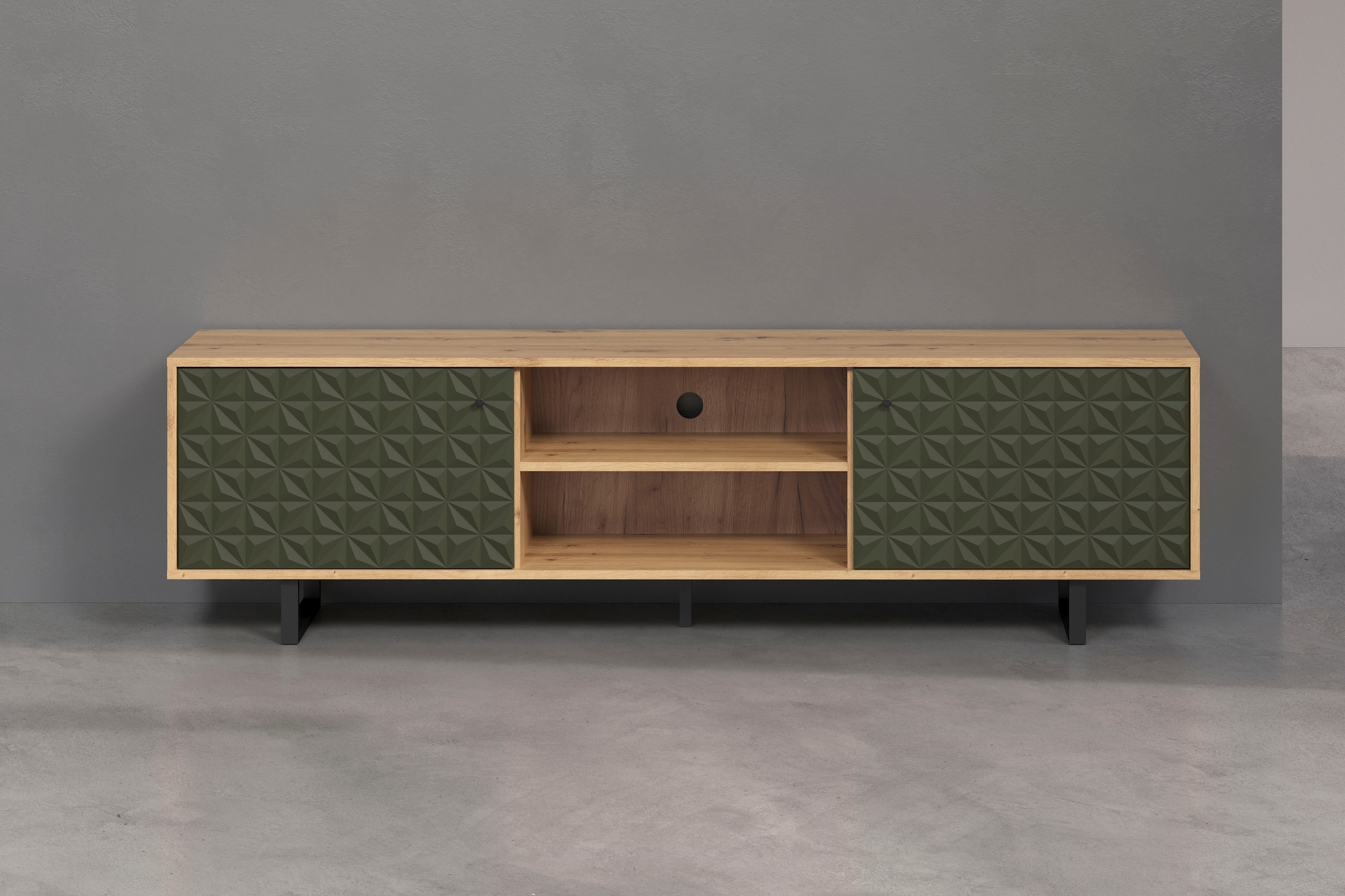 Places of Style TV-Board »Ferretti«, TV-Tisch mit besonderer Fräsung - Füße und Griffe aus Metall