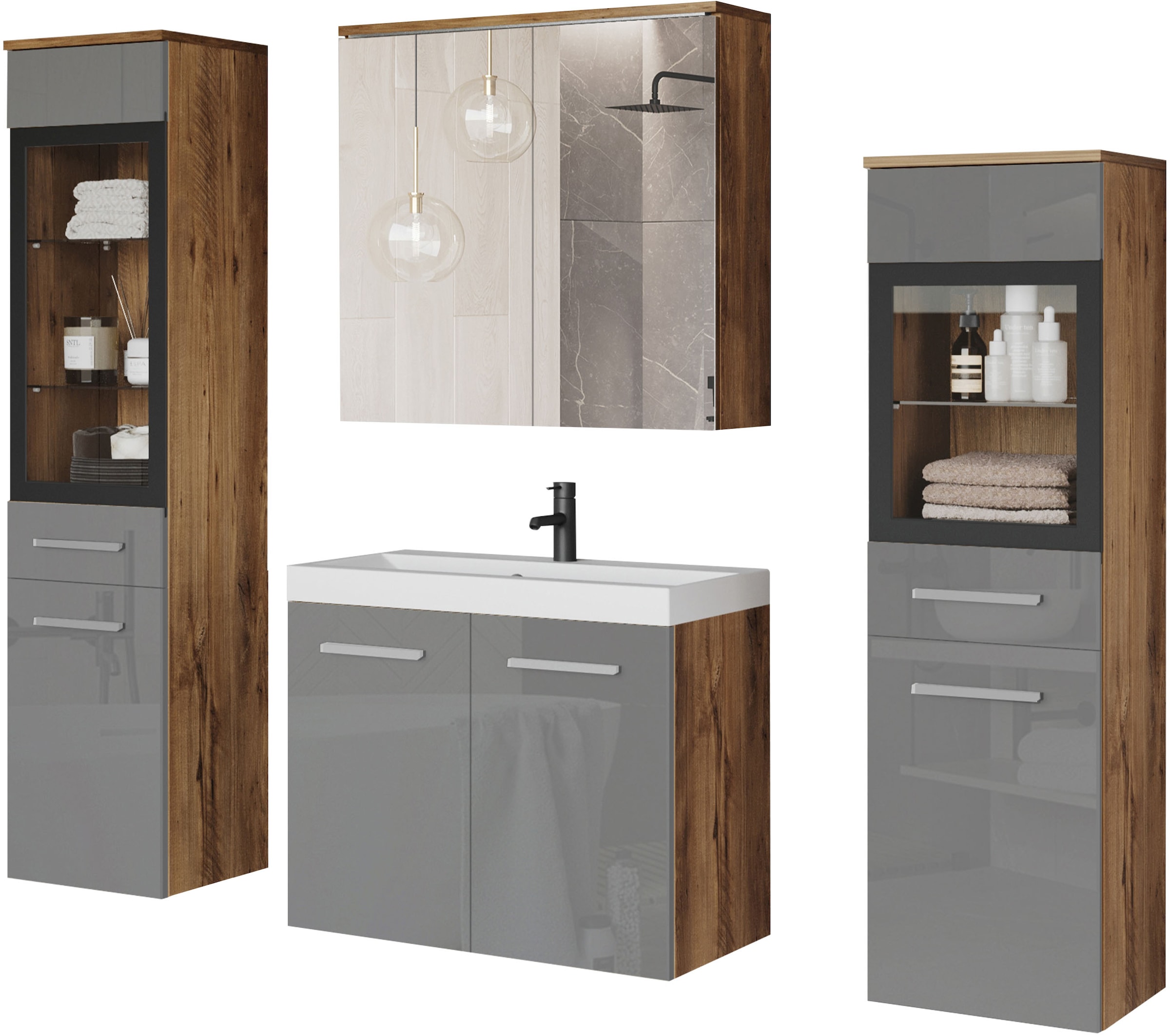 welltime Badmöbel-Set »MADRIT II, Schrank mit Waschbecken, 2 Hänger, Spiege günstig online kaufen