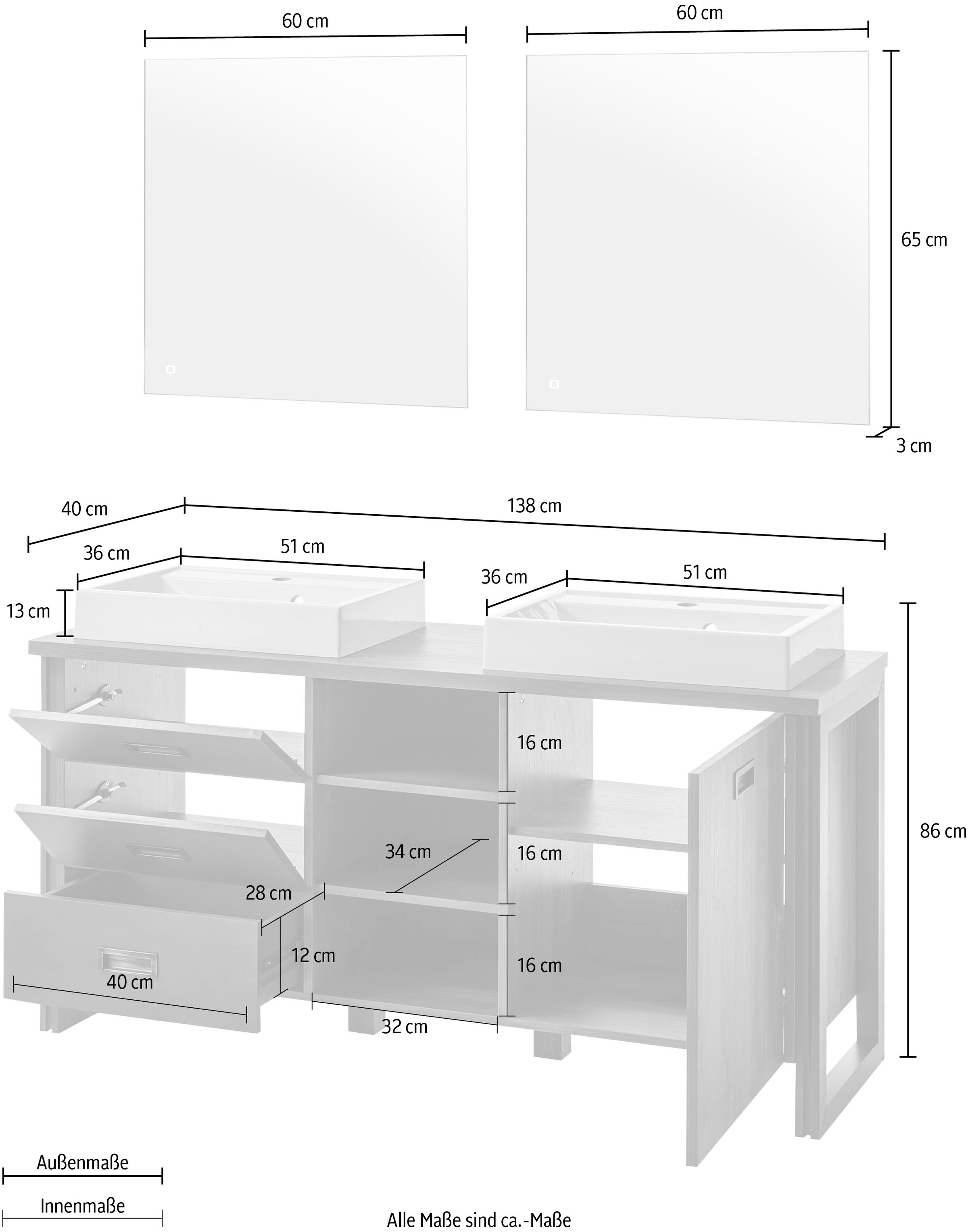 Home affaire Badmöbel-Set »Detroit, Bad im Industrialdesign, inkl. LED, 2-teiliges Badezimmer«, (3 St.), Waschtisch und Spiegel, inkl. zwei Aufsatzwaschbecken aus Mineralguss