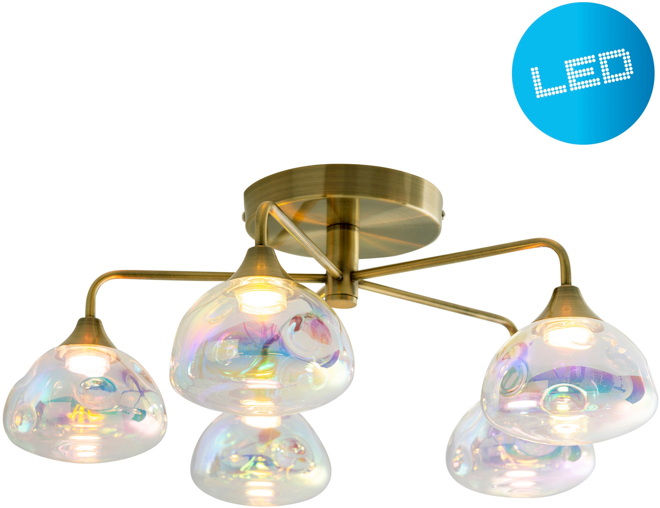 näve LED Deckenleuchte »Varna«, 5 flammig, 5 flg. irisierendes Glas incl. LEDs warmweiß Gestell messing