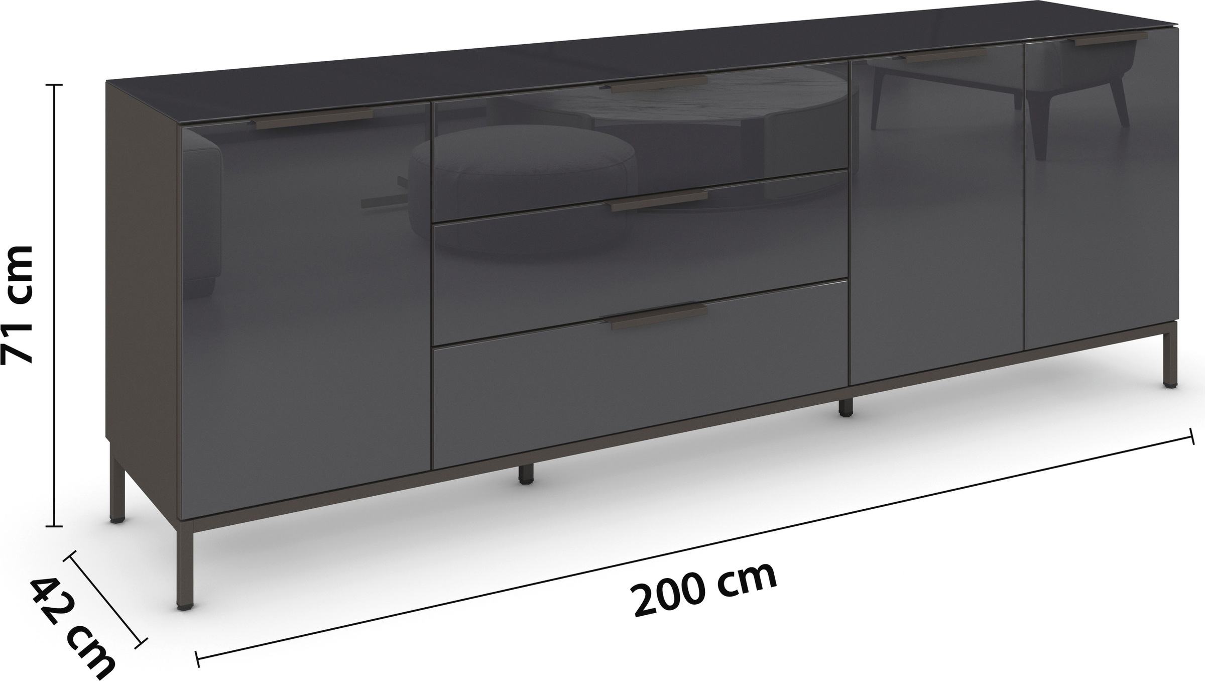 rauch Kombikommode »Kommode Türkommode Sideboard Kombikommode FLIPP mit Glasfront«, (Breite 200 cm mit 2 Einlegeböden), 3-türig, 3 Schubladen, Soft-Close-Funktion, Oberboden und Front Glas