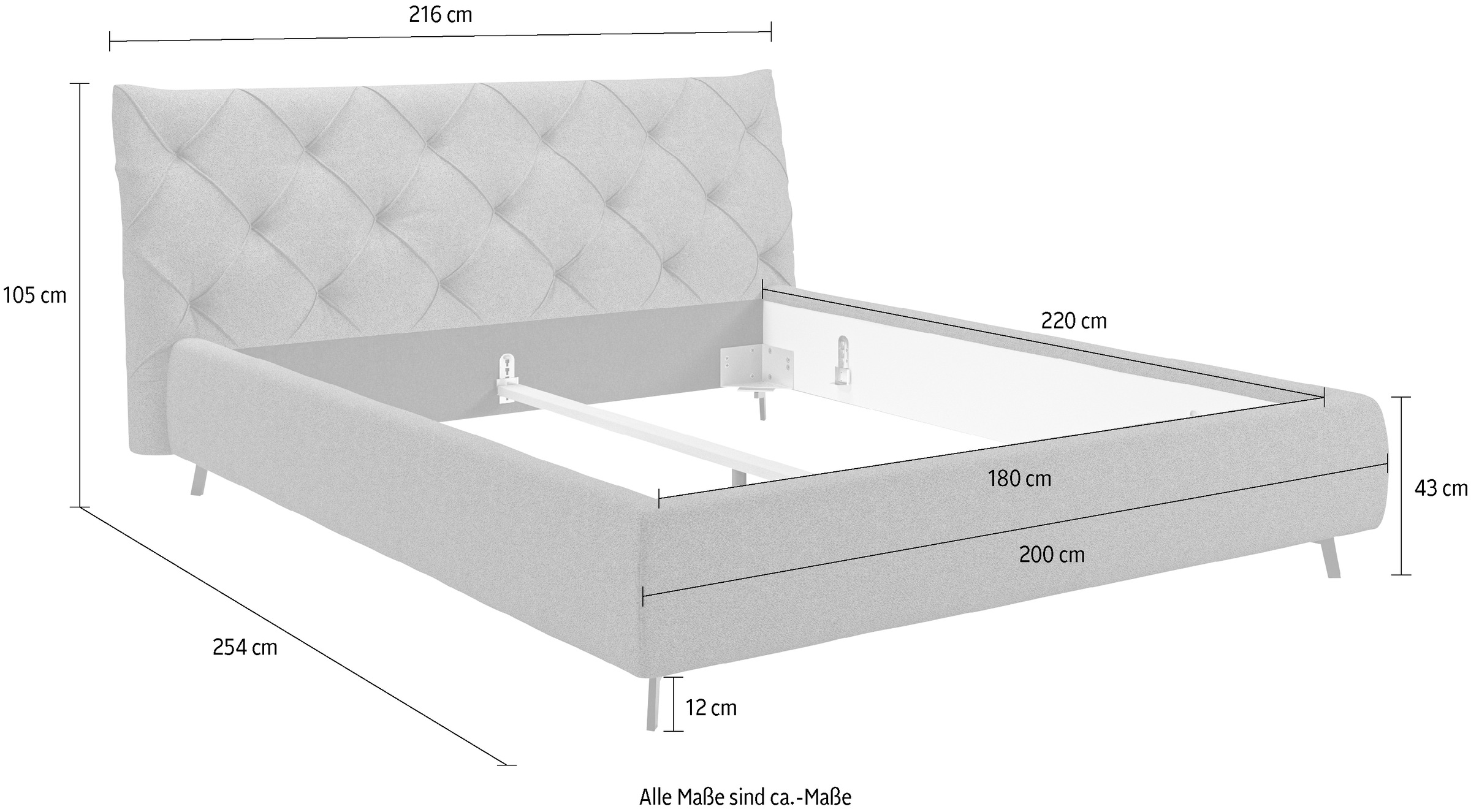 Leonique Polsterbett »Elloree, in 4 Breiten bis 200cm, auch in Leder«, Kopfteilhöhe 105 cm, belastbar bis 280 kg, auch in Überlänge 220cm