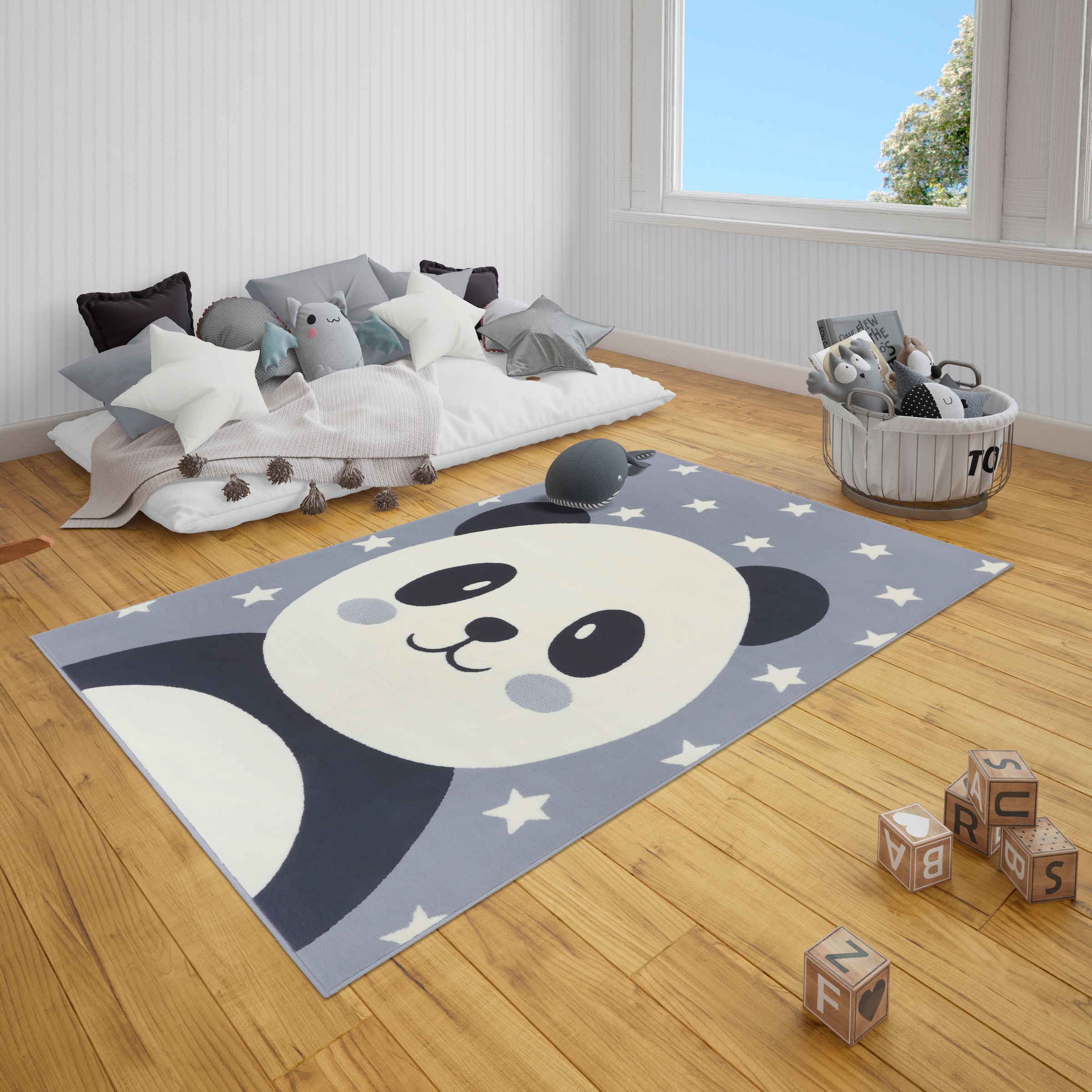 HANSE Home Kinderteppich »Panda Pepples«, rechteckig, 9 mm Höhe, Kurzflor, Tiermotiv, Sterne, Strapazierfähig, Pflegeleicht, Robust