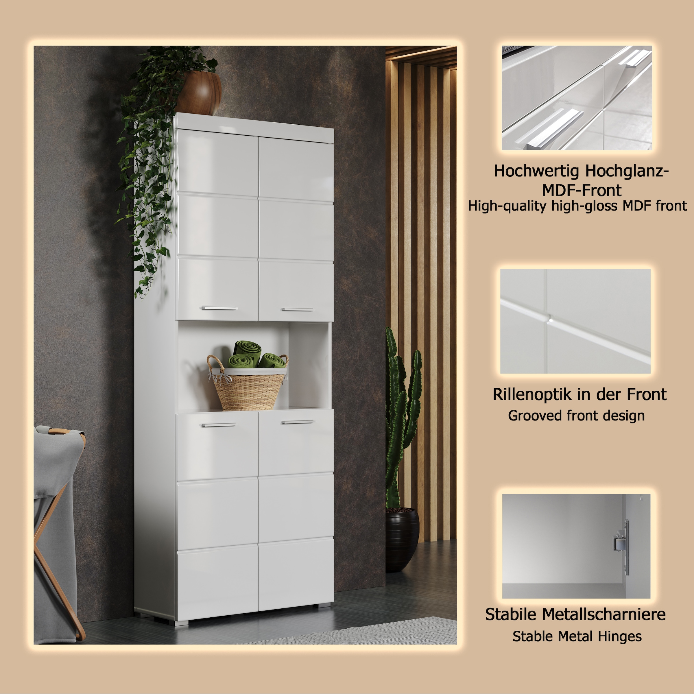 welltime Hochschrank »Avena« Badschrank 4-türig mit o. Fach und 4 Einlegeböden - B/T/H 73/31/190 cm