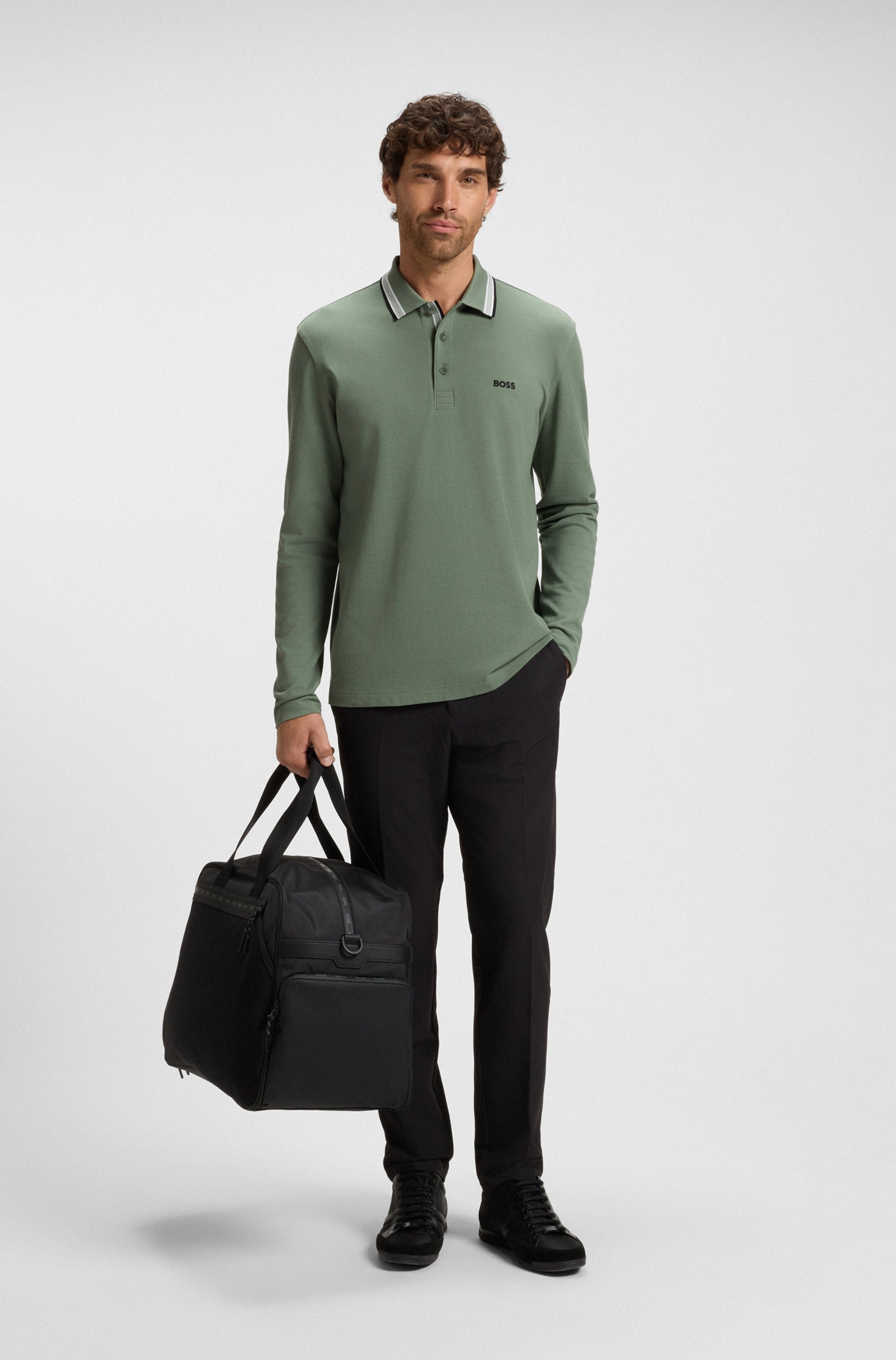 BOSS GREEN Langarm-Poloshirt »Plisy« mit Streifen am Kragen