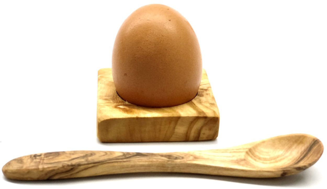 Olivenholz-erleben Eierbecher »Troué mit Eierlöffel aus Olivenholz«, (Set, 12 tlg., 6x Eierbecher und 6 Eierlöffel), besonders platzsparende eckige Form, Olivenholz ist lebensmittelecht