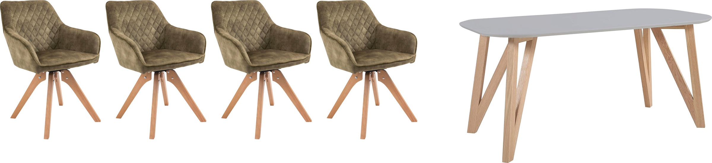 SALESFEVER Essgruppe »Stilvolle Sitzgruppe« 5-teiliges Set: Samtverlours-Stühle, 180° drehbar, Tischbreite 180 cm Grau/Natur + grün + natur