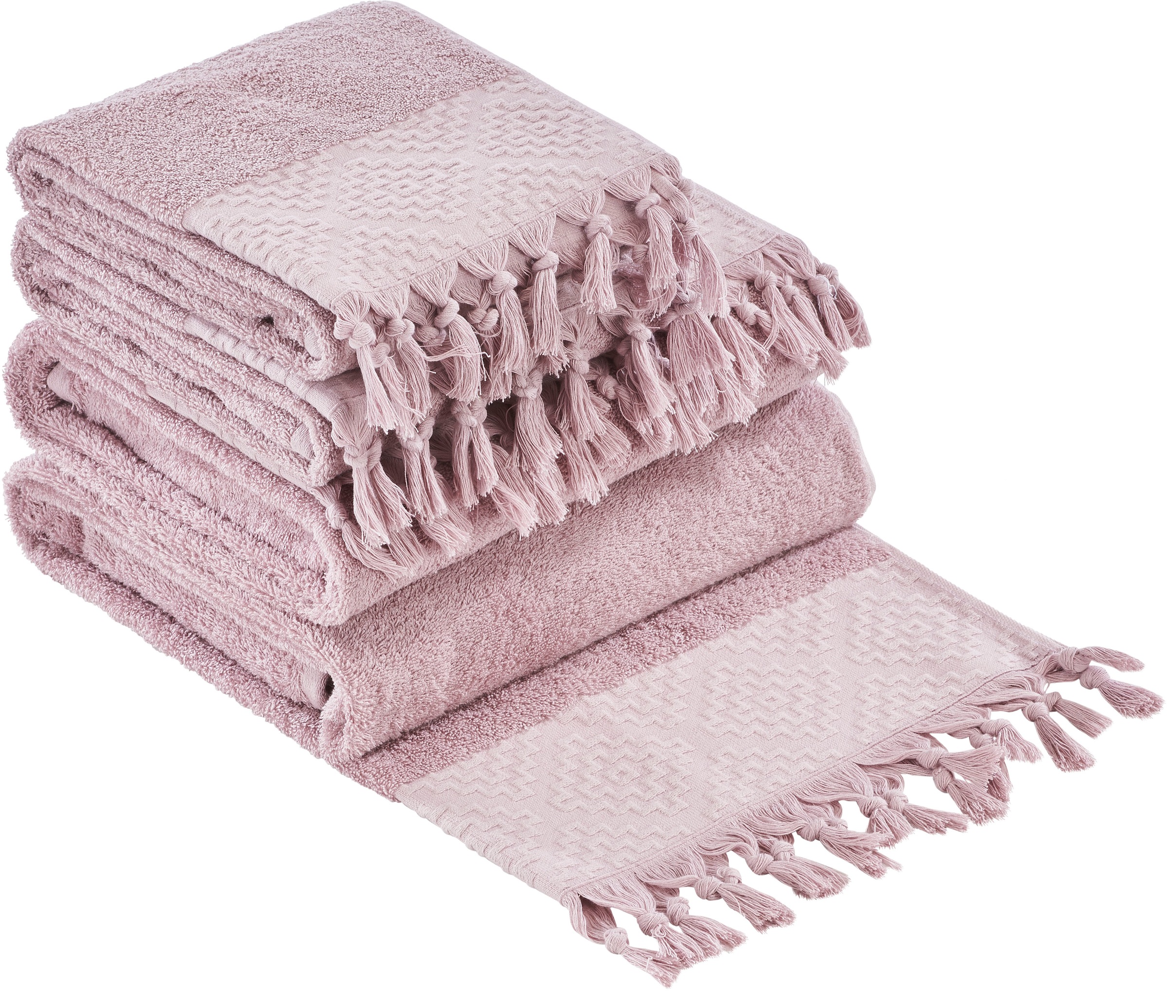 done.® Handtuch Set »Provence Bohéme«, (Set, 4 St., 2 Handtücher (50x100 cm)-2 Duschtücher (70x140 cm), Uni-Farben, Boho-Style, mit auffälliger Borte & Fransen