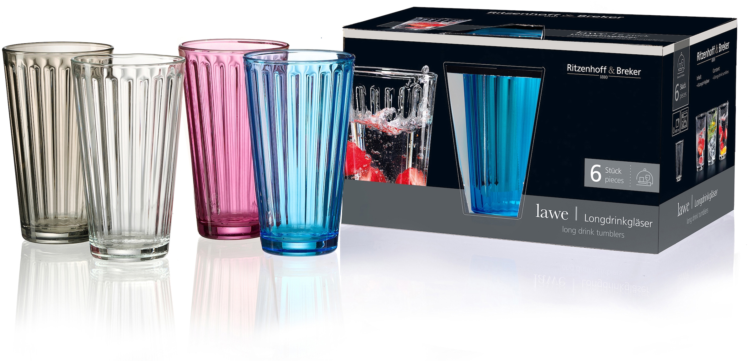 Ritzenhoff & Breker Longdrinkglas »Lawe«, (Set, 6 tlg., 6 Longdrinkgläser, je 400 ml), topaktuelles Innen-Facettierung