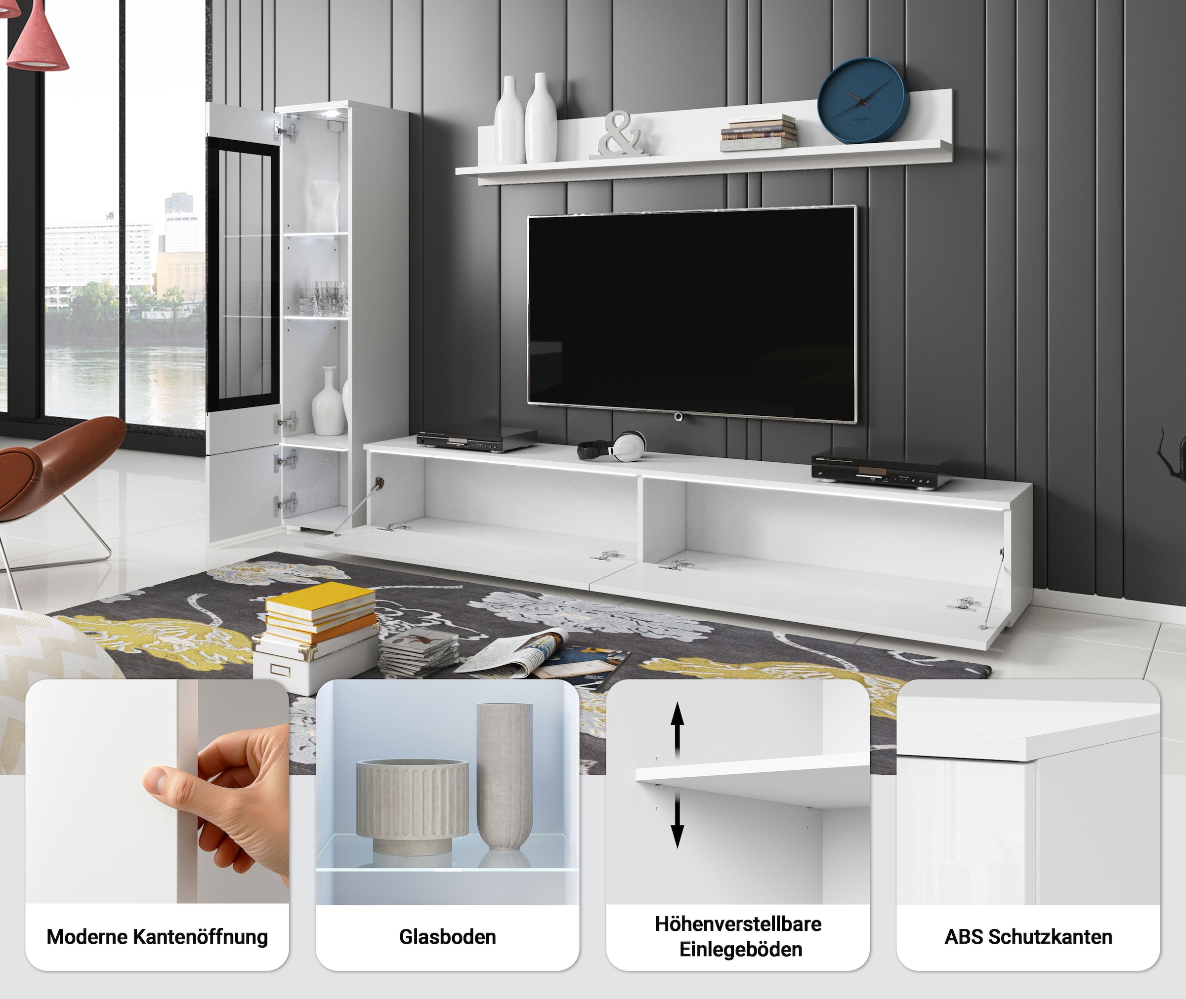 INOSIGN Wohnwand »VERA I, Vitrinen Türanschlag links/rechts wechselbar«, (Komplett-Set, 3 St.), Mediawand 230 cm, Vitrine mit Verglasung, stehend und hängend
