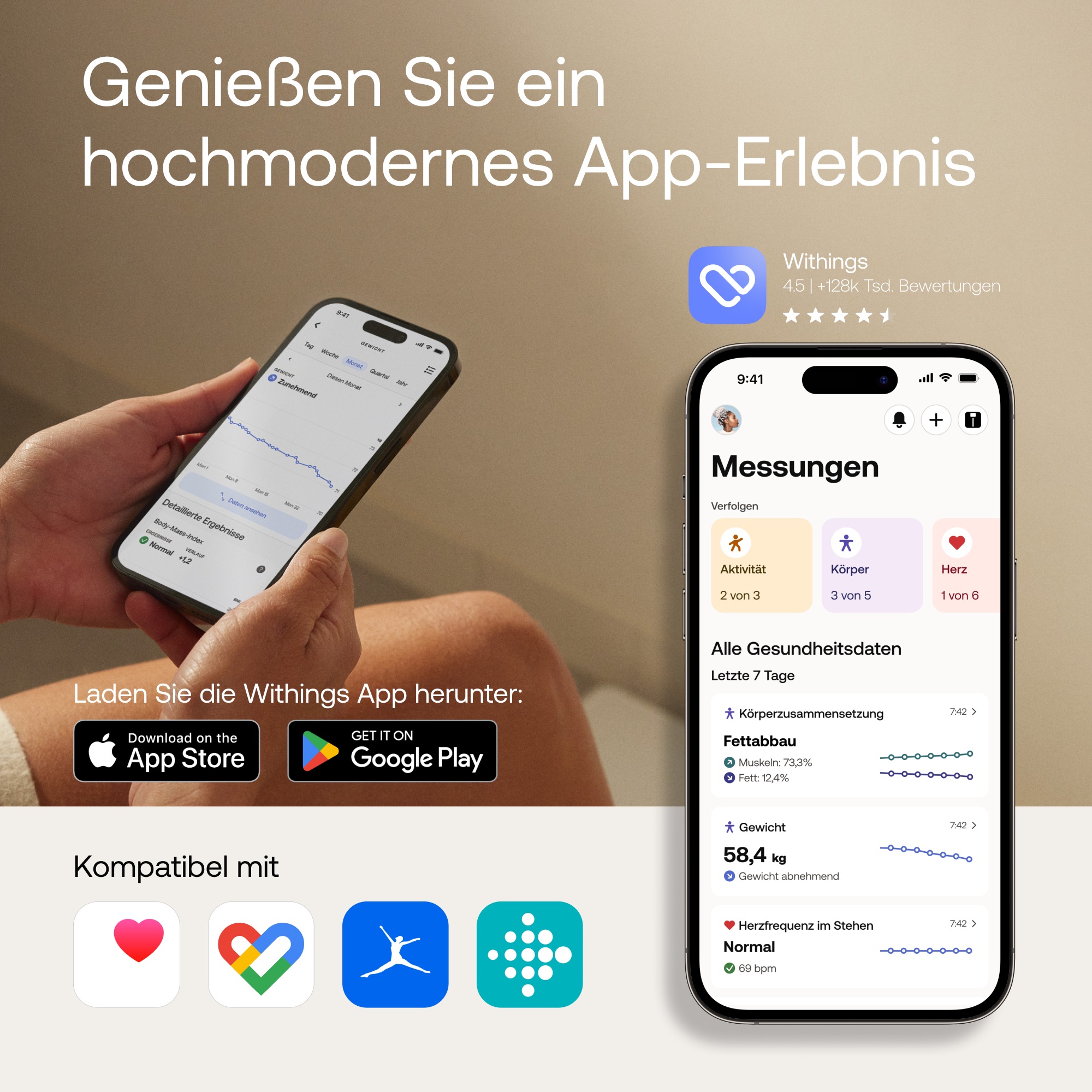 Withings Personenwaage »Body Smart, einschließlich Körperfett-/Muskelmasse«, automatische Erkennung und Verfolgung von bis zu 8 Benutzern