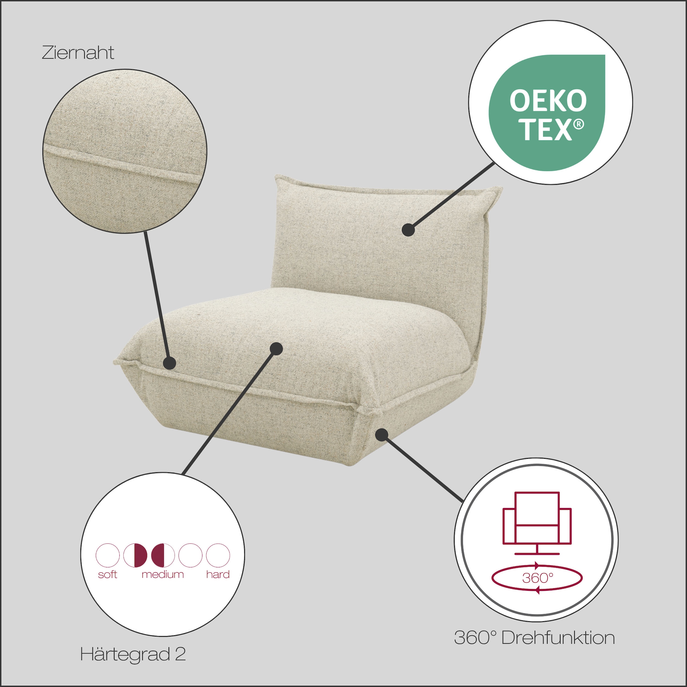 DOMO collection Sessel »Nantes Loungesessel, Wohlfühlsessel mit 360° Drehfunktion«, hochwertig gepolstert mit Federkern, Struktur, beige-petrol