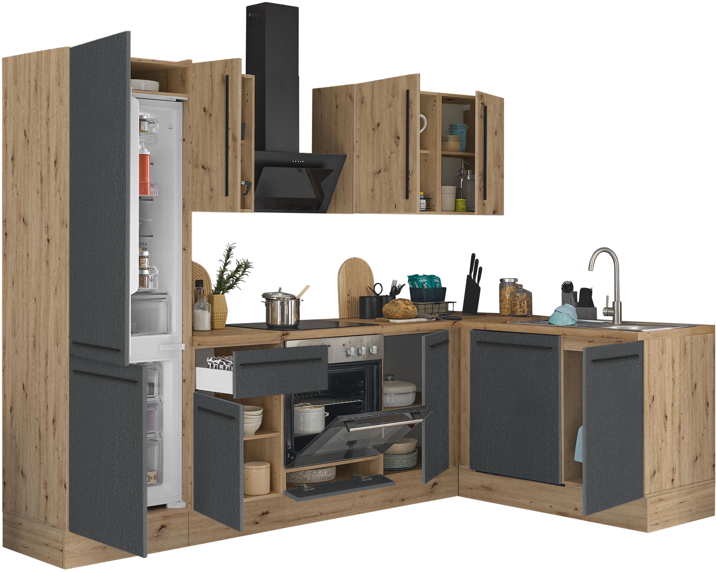 KOCHSTATION Winkelküche »Florida, Stellbreite 280x165 cm«, wahlweise mit E-Geräten, mit Softclose für Türen und Schubkästen