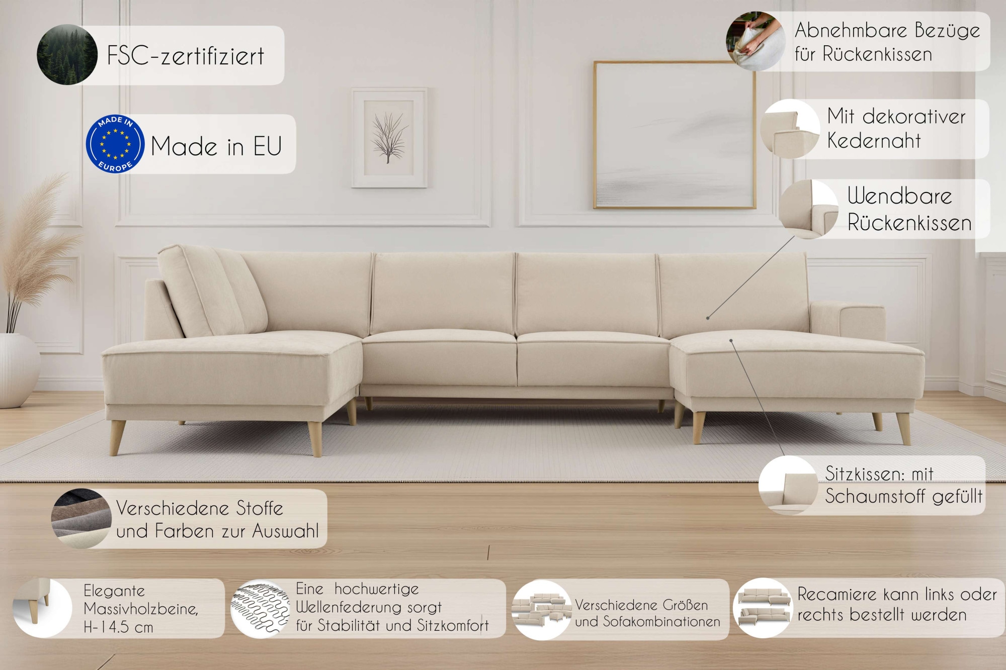 OTTO home Wohnlandschaft »Oland Skandi, weicher Chenille-Stoff« U-Form, 345 cm, Wellenunterfederung, Skandi-Design, Massivholzfüße
