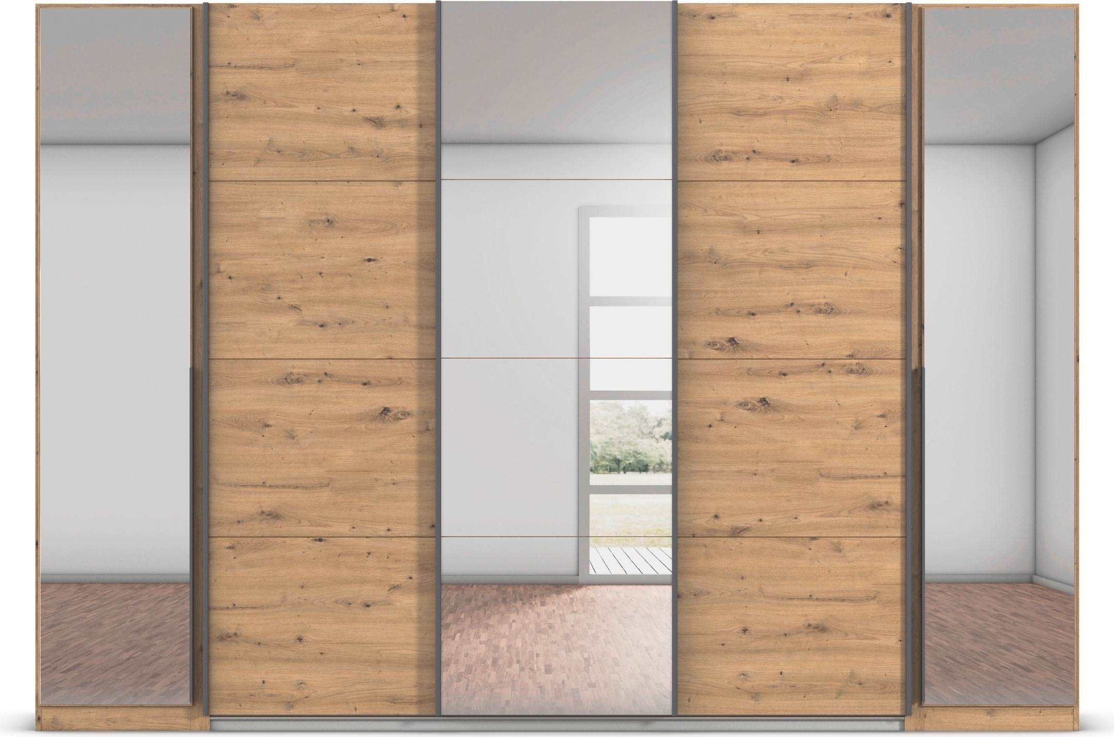 rauch Schwebetürenschrank »Agordo«, (im angesagten Mix aus Dreh- und Schwebetüren), optional mit Spiegel und zwei Griff-Farben MADE IN GERMANY
