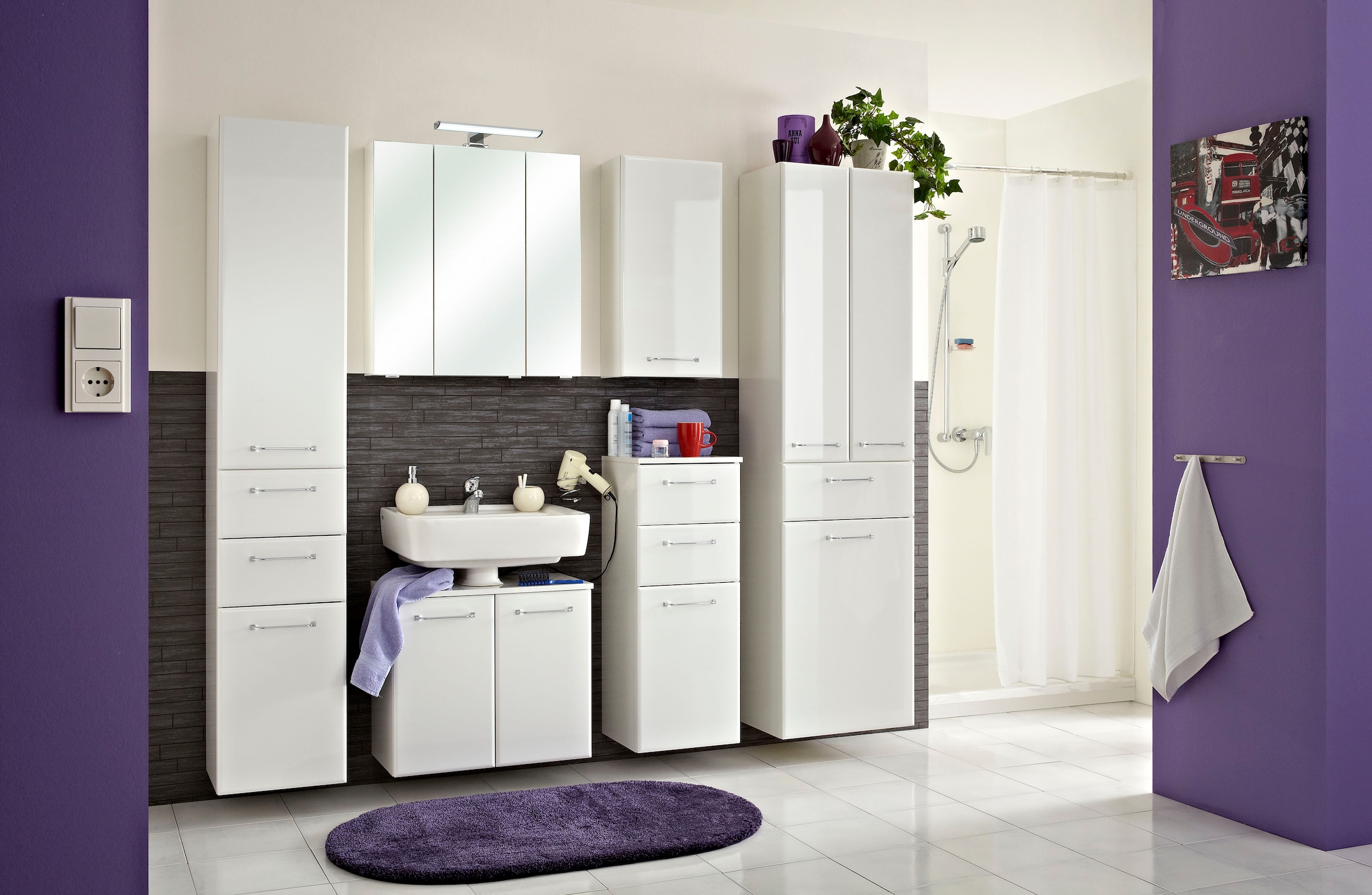 Saphir Hochschrank »Quickset Badschrank 50 cm breit, 2 Türen, 1 Schublade, 1 Wäschekippe«, Badezimmer-Hochschrank inkl. Türdämpfer, Griffe in Chrom glänzend
