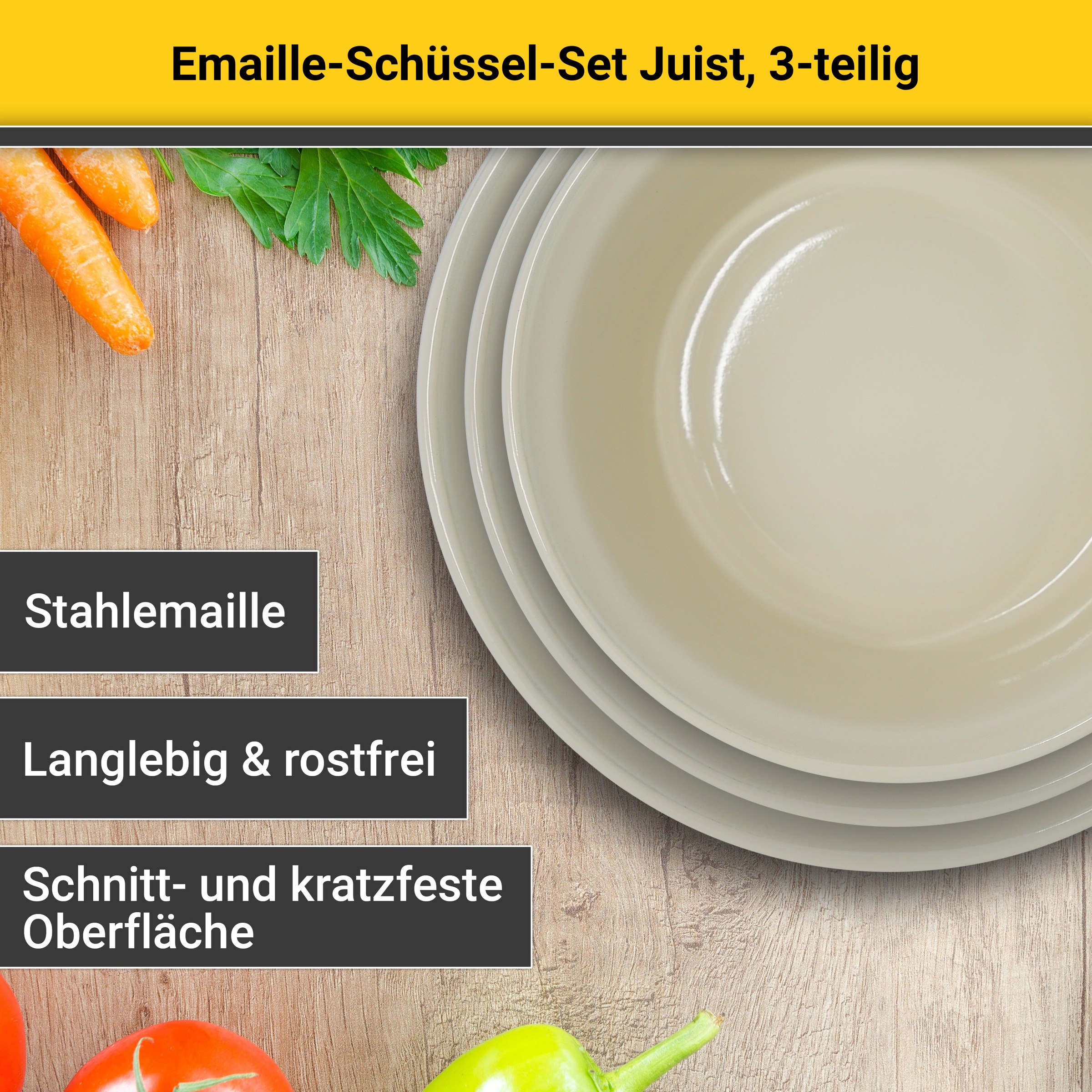 Krüger Schüssel »Emaille Schüssel-Set Juist, 3 tlg. (Ø 20, Ø 24 und Ø 28 cm)« 3 Stk. aus Emaille emailliert, geruchsneutral, geschmacksneutral, kratzfest, schnittfest