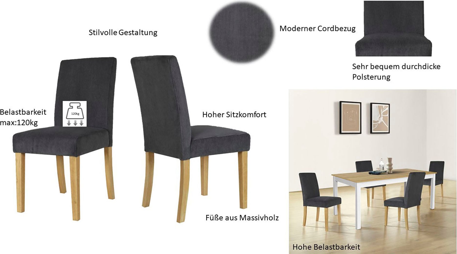 Home affaire Esszimmerstuhl »Winikon, TOPSELLER!«, (Set), 2 St., Cord, Massivholzgestell, moderner Cordbezug, bequem gepolstert