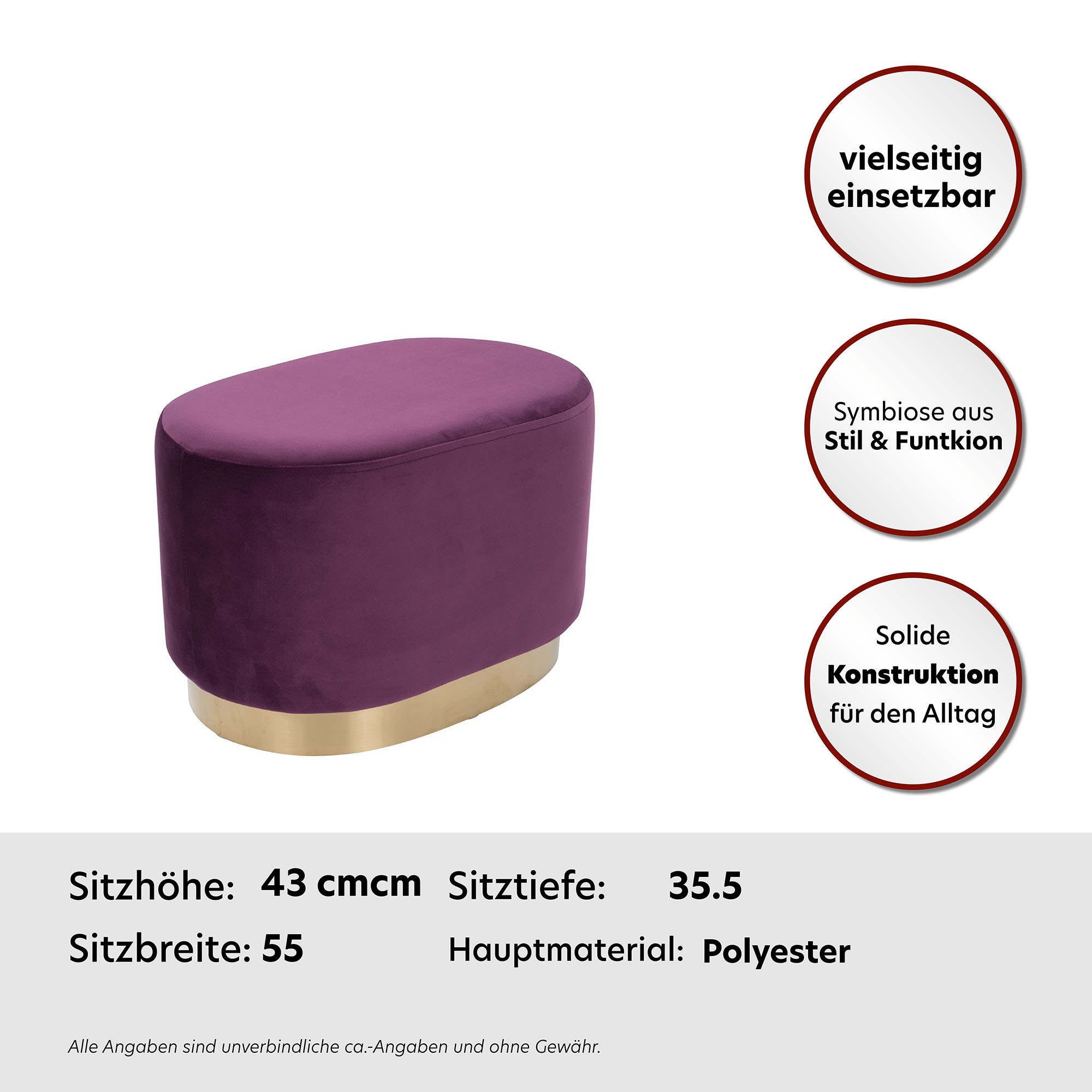 Kayoom Hocker »Nano 410, Hocker in stilvollem Design, ovale Form, mit Fuß aus Metall«, (1 St.), Gold Akzente, Bequem, Modern, mit pflegeleichtem Stoffbezug