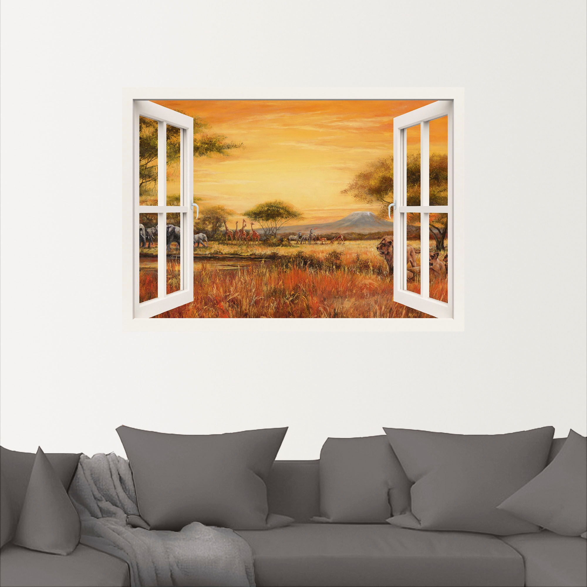 Artland Wandfolie »Afrikanische Steppe Löwen, weiß«, Fensterblick, (1 St.), selbstklebend