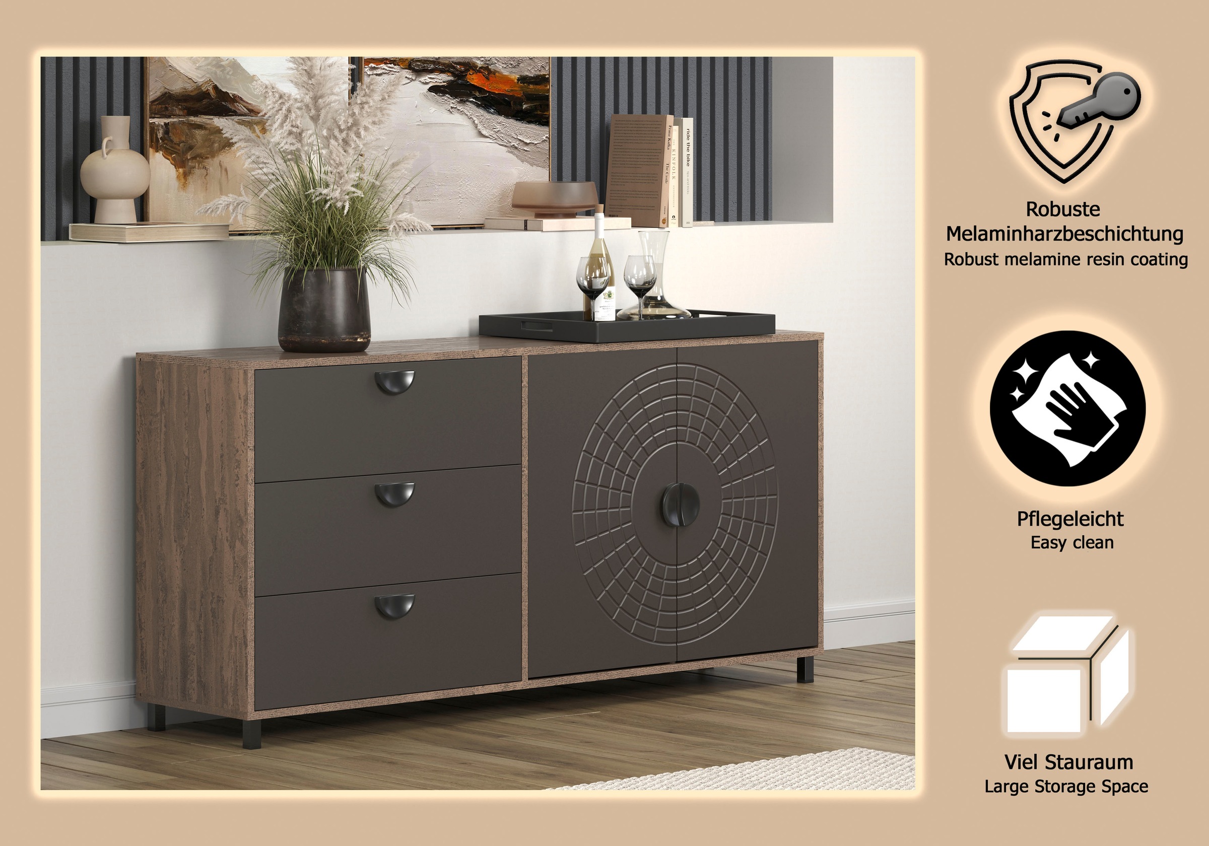 INOSIGN Sideboard »Fusion« 1 Stk. tlg. Kommode mit markantem Kreismuster - Antikoptik - (B/T/H) 176/42/86 cm