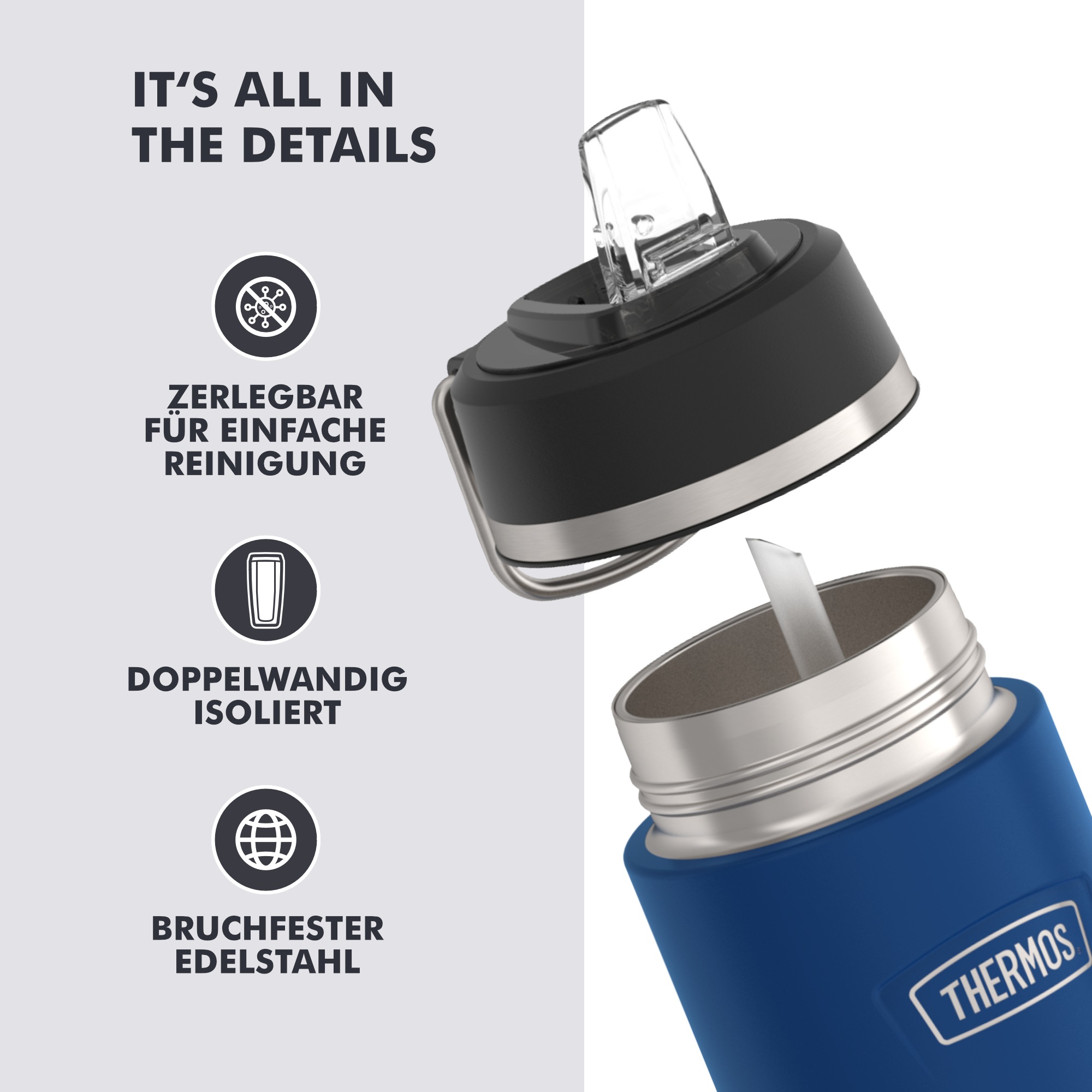 THERMOS Isolierflasche »ICON WATER BOTTLE, Edelstahlkörper, spülmaschinenfest« 0,53l, 12h kalt, schappsicher mit einklappbarem Flip-Strohalm