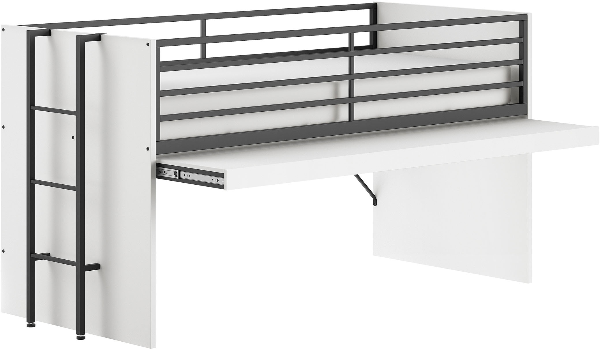 Vipack Hochbett »Sam, schlafen und arbeiten in einem, wahlweise Eiche- oder Weiß-Dekor« Liegefläche 90x200 cm, darunter eine große ausziehbare Schreibplatte,  Inkl. Absturzschutz u. Leiter, pflegeleichte Dekor Oberfläche